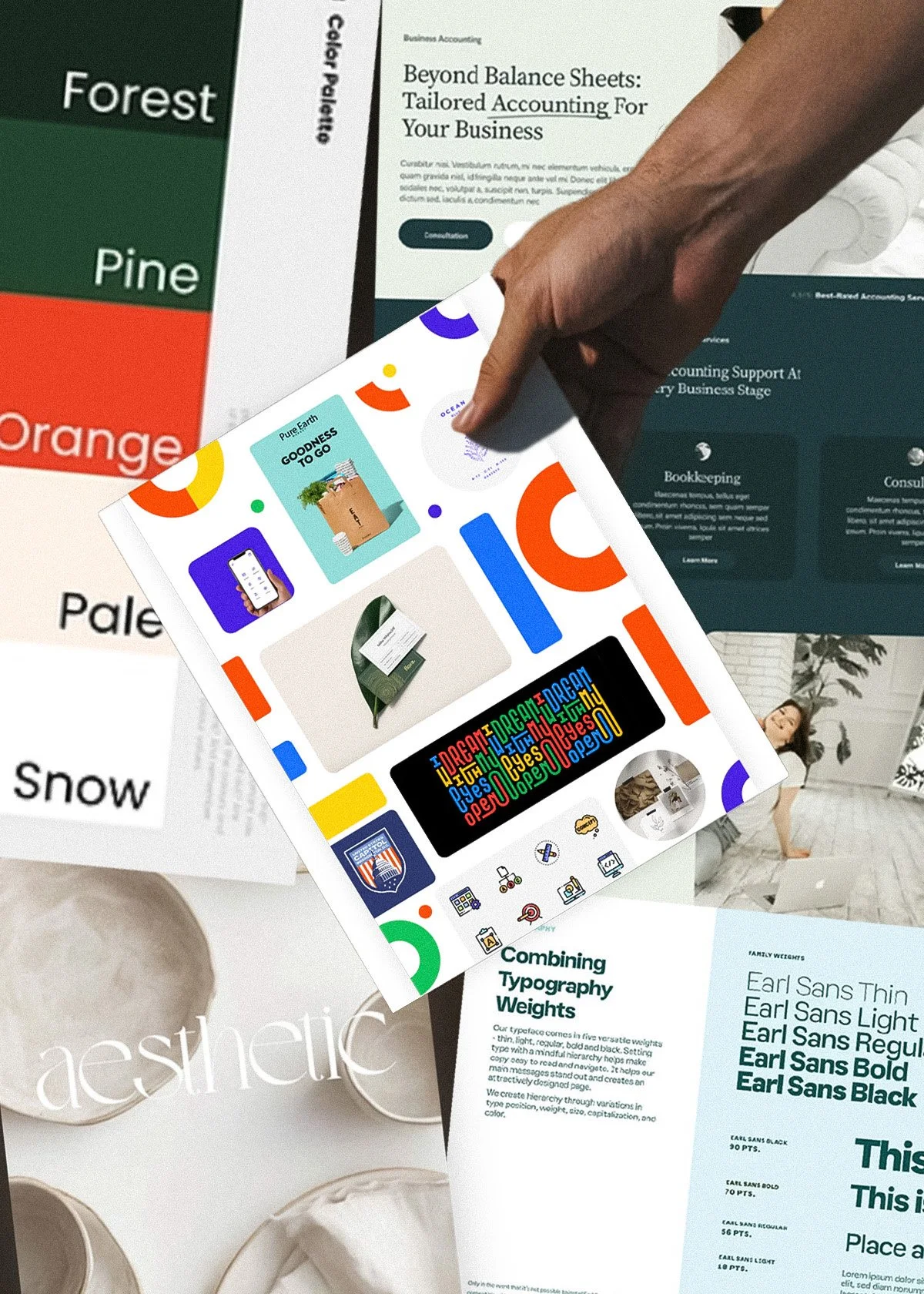 A collage of various printed materials including a book titled 'Beyond Balance Sheets: Tailored Accounting For Your Business,' a document on combining typography weights, a colorful app interface, a sample of the color palette, and a woman sitting with a laptop in the background.