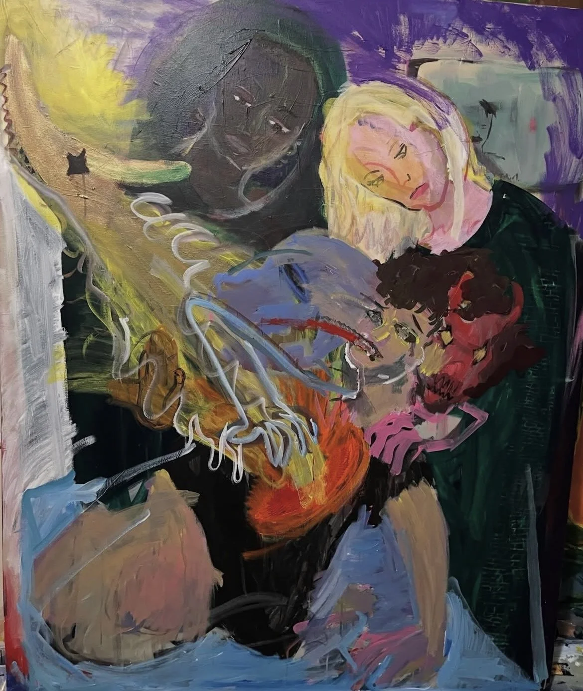 "I know that's not the man you're crying over" (a portrait of Kad and Casey giving me an exorcism to fix my taste in men) 
Acrylic on Canvas 
48" x 36"