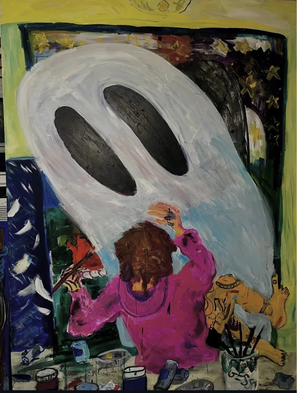 self portrait where I painted a ghost so well that I scared myself (ode to Yoshi Toshi)
acrylic on canvas 
8 ft x 6 ft 