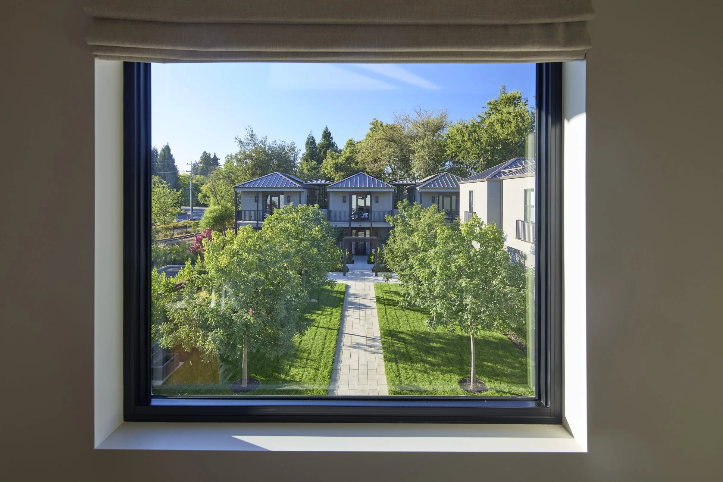 View of The Grove outdoor event space from The Overlook suite on the second floor of the lobby building..