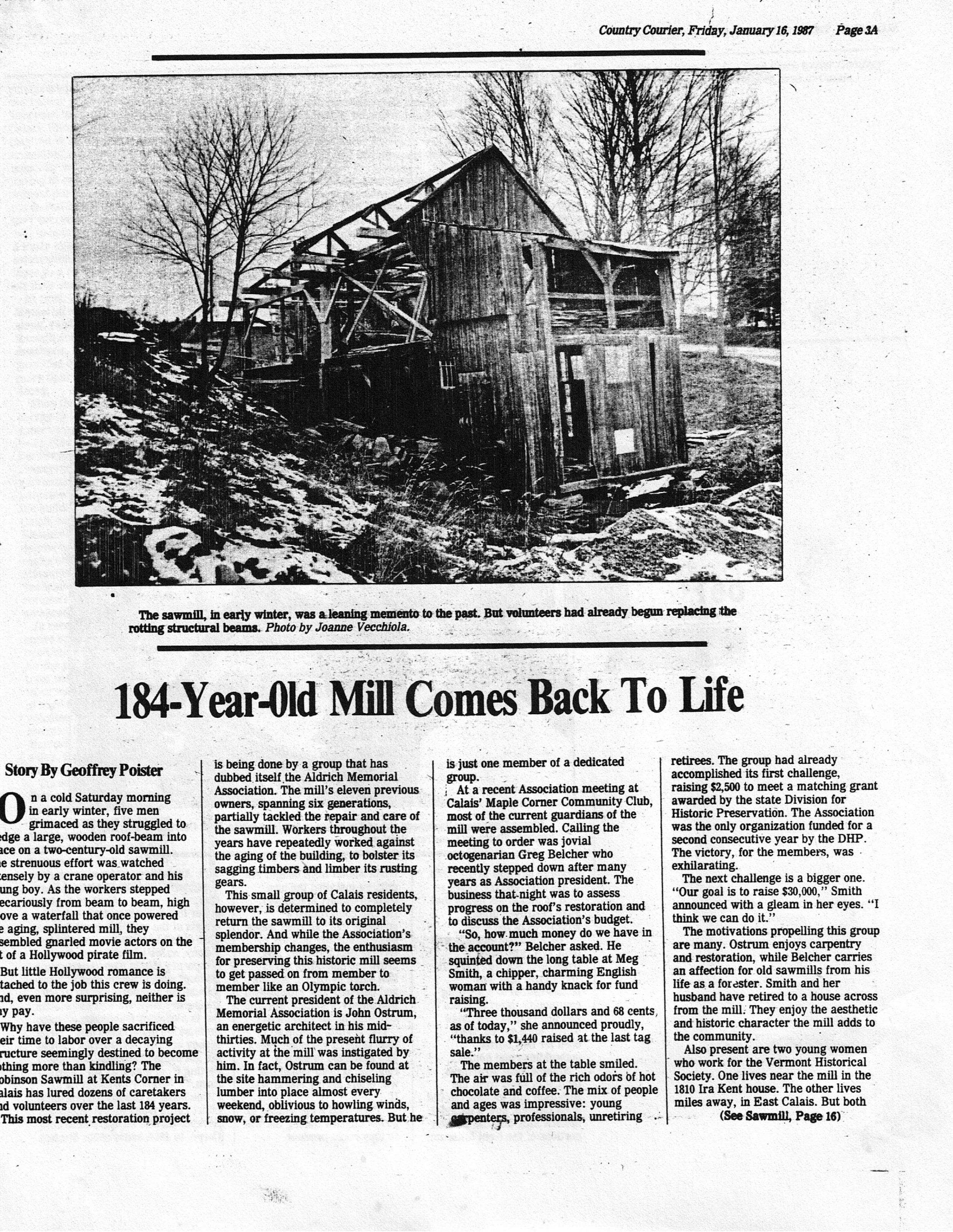 Newspaper article clipping: '184-Year-Old Mill Comes Back to Life'