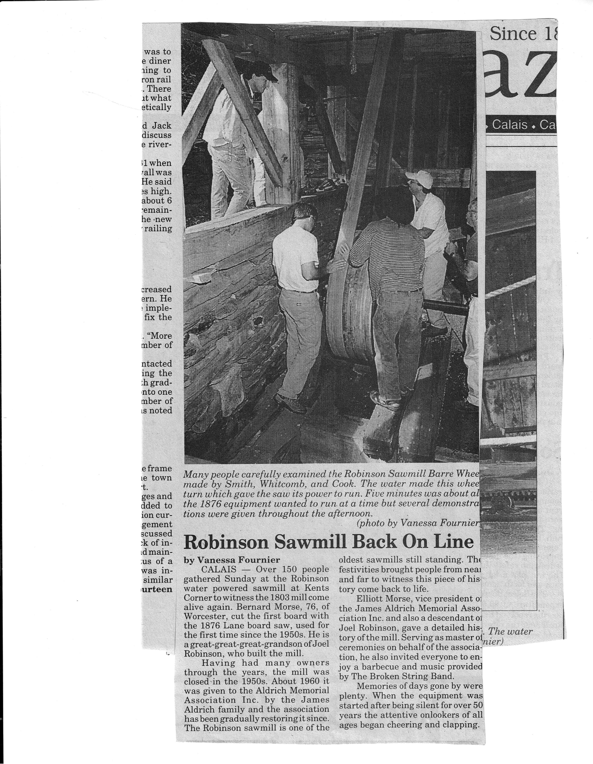Newspaper article clipping: 'Robinson Sawmill Back On Line'