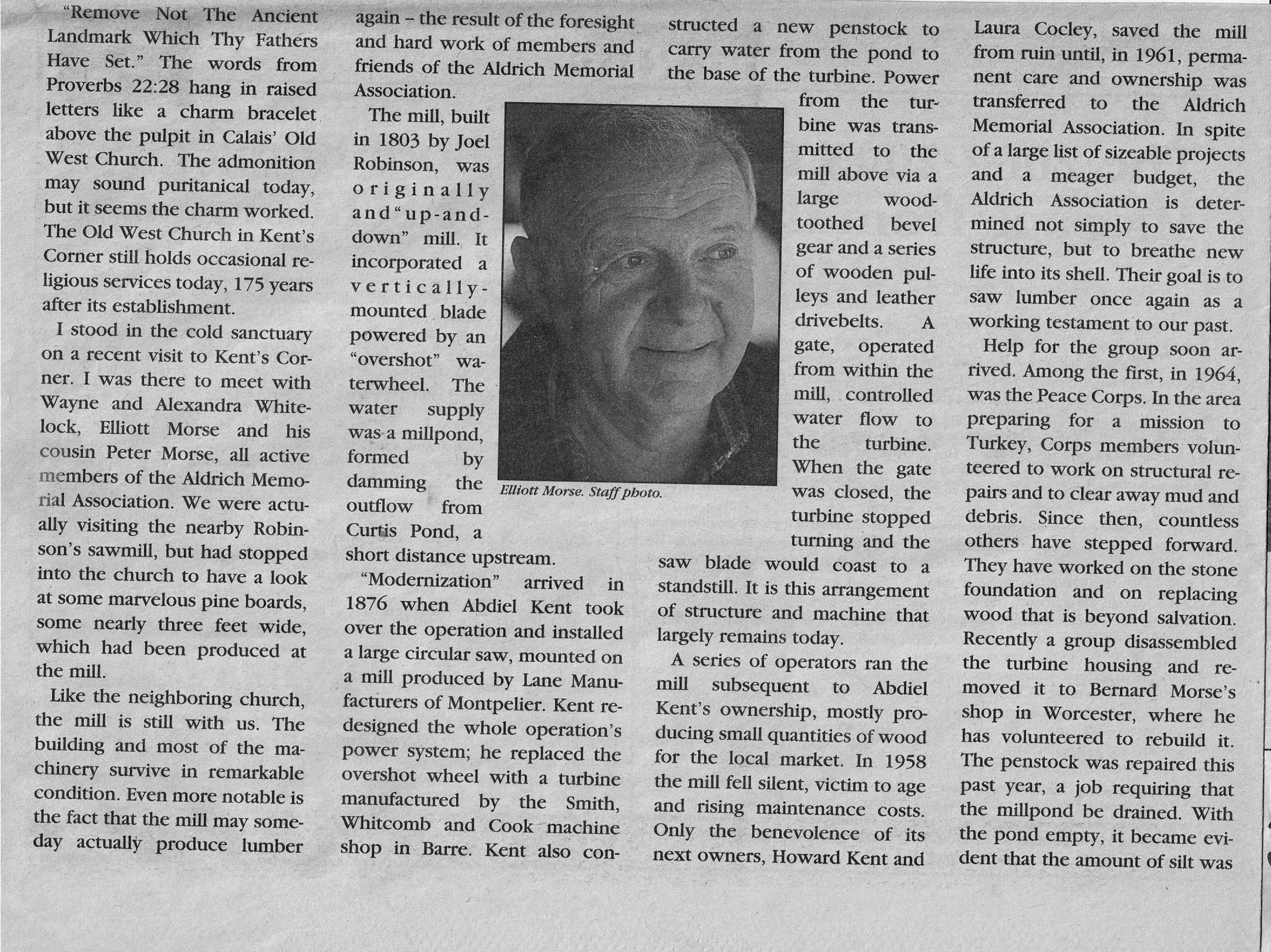 Robinson Sawmill newspaper article excerpt with photo of Elliot Morse.