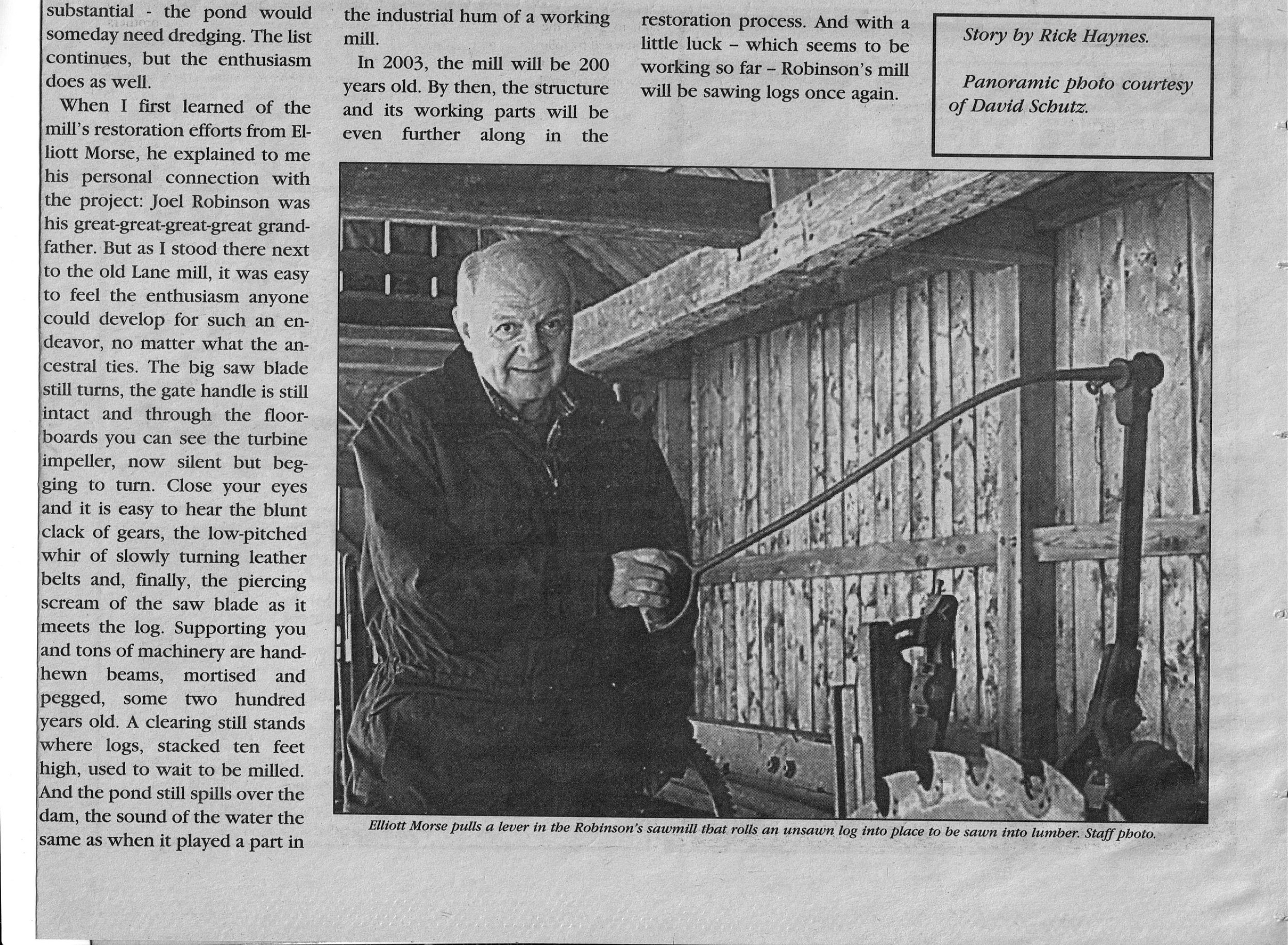 Robinson Sawmill newspaper article excerpt with photo of Elliot Morse in the sawmill..