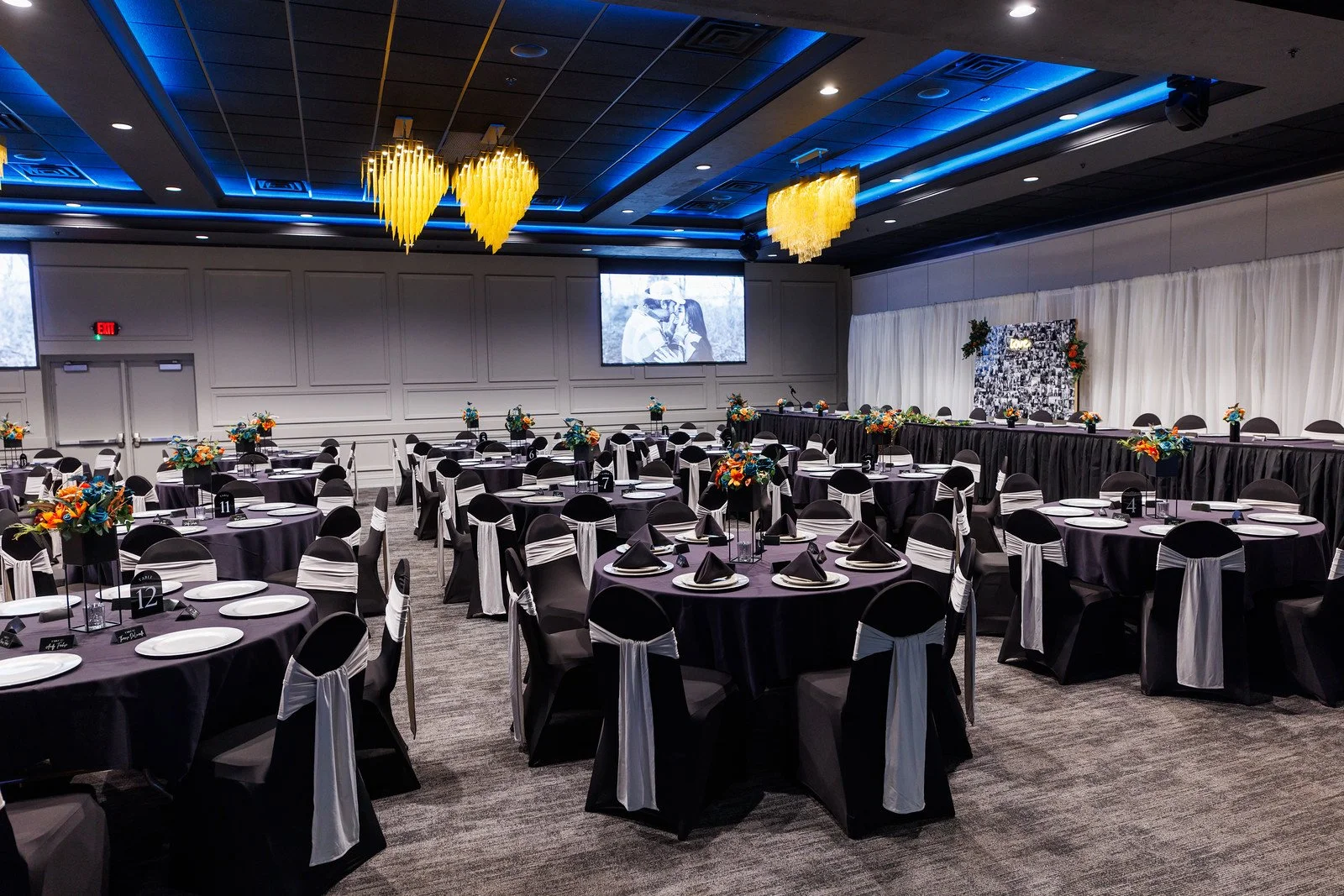 Bold wedding decor at Stadium View Event Halls in Green Bay, WI 