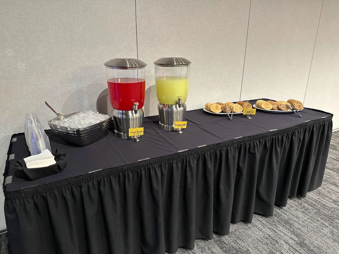 Coffee and refreshments setup for corporate events and meetings at Stadium View Event Halls.