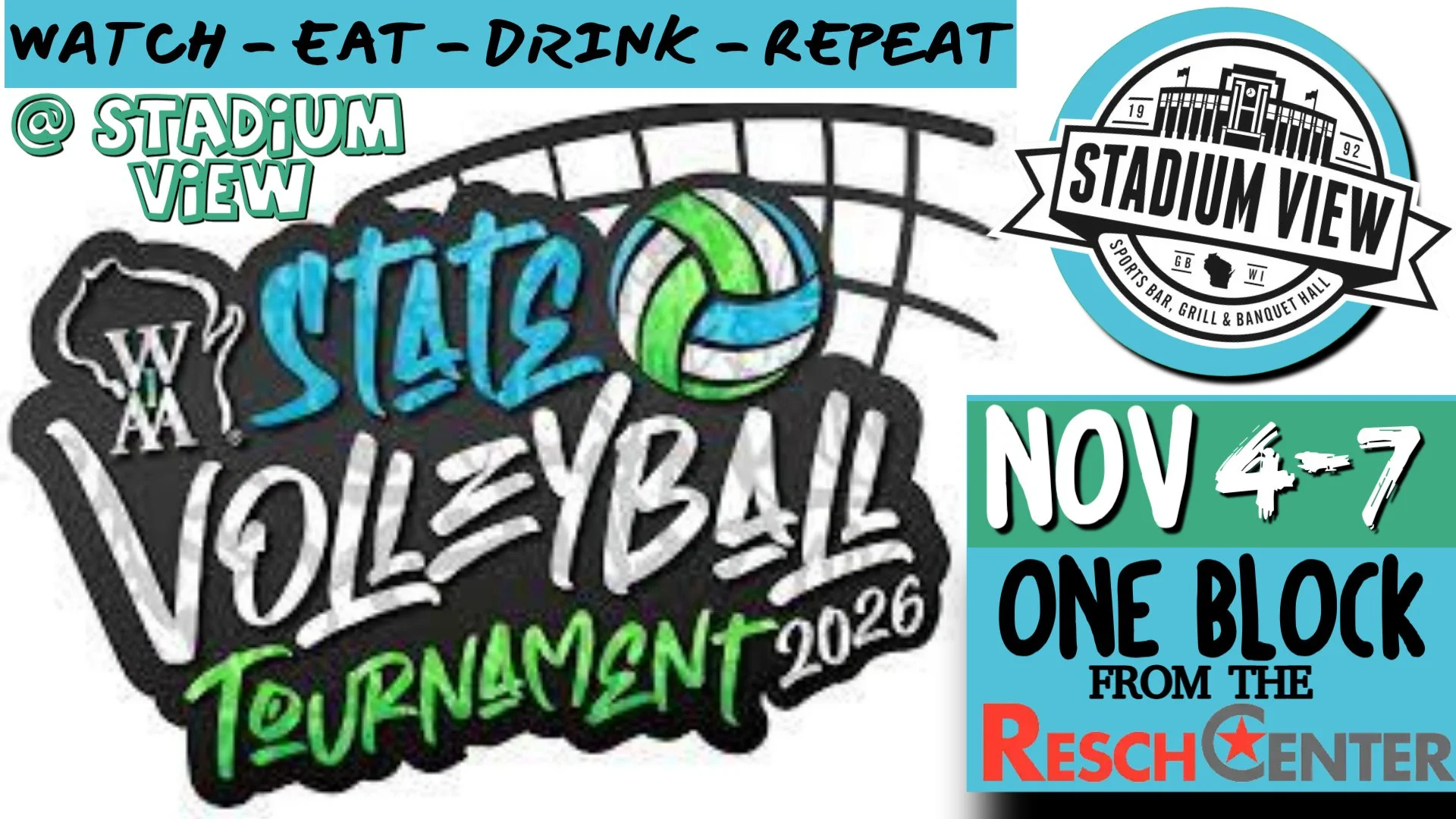 WIAA state volleyball in green bay at the resch center - drink and dine at stadium view