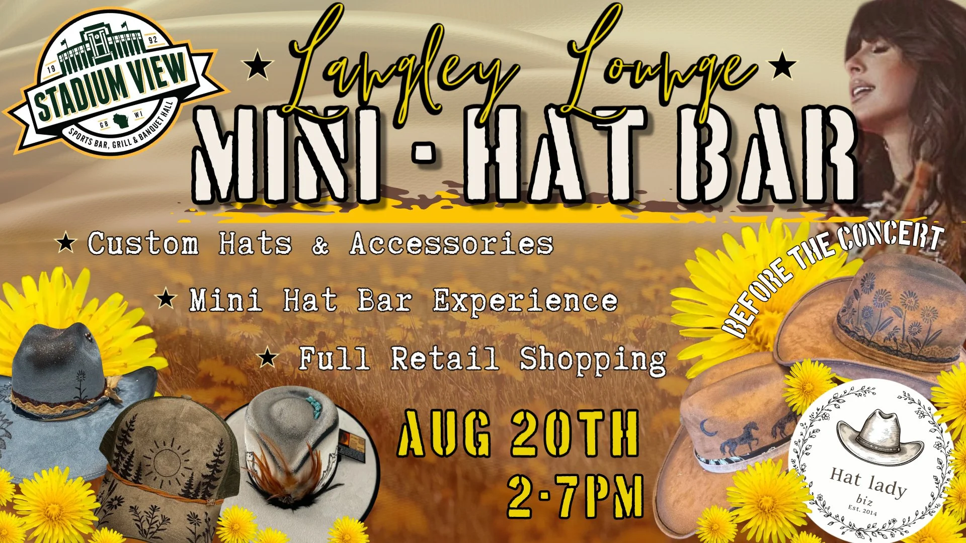langley lounge mini hat bar at stadium view august 20th 2-7pm design your own hat before the concert