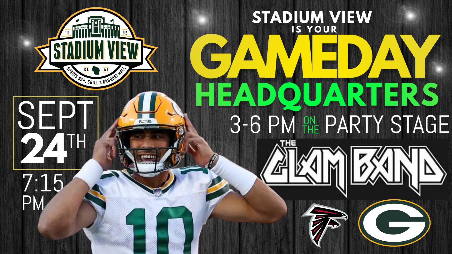 packer tailgate party stadium view bar september 24th with The Glam Band