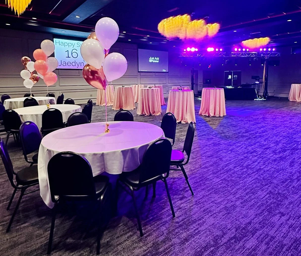 Banquet-style seating arranged for a birthday party at Stadium View Event Halls.
