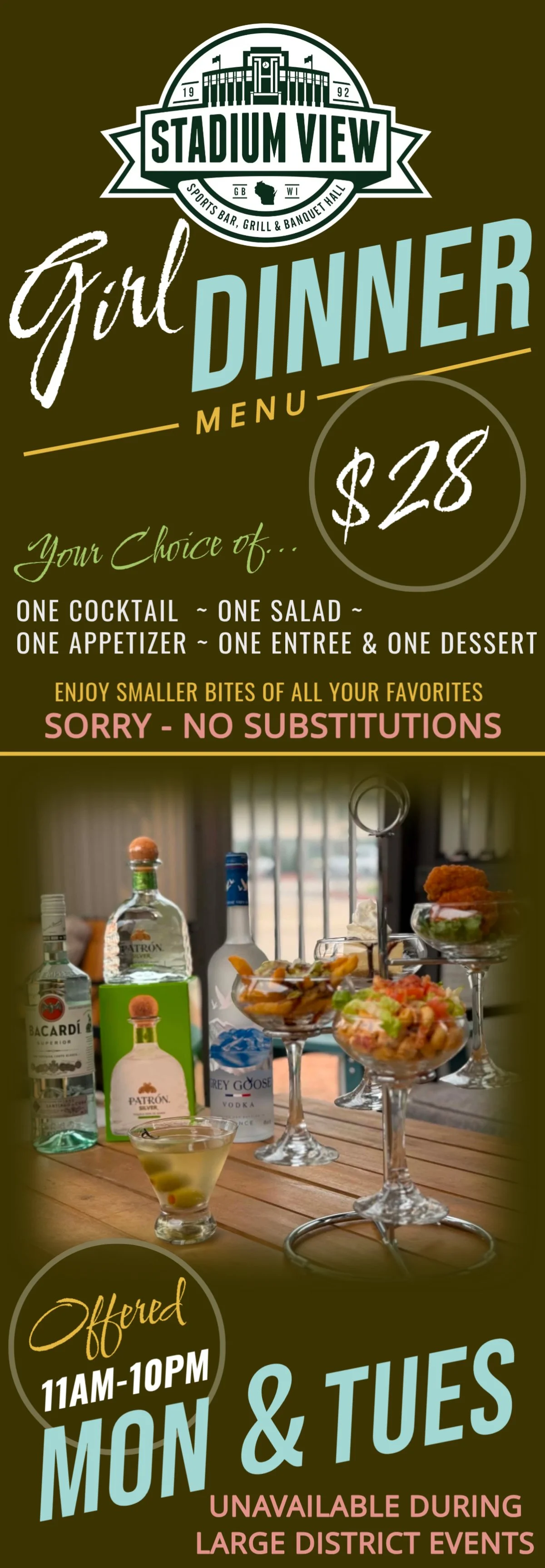 girl dinner menu options at stadium view bar in green bay wi