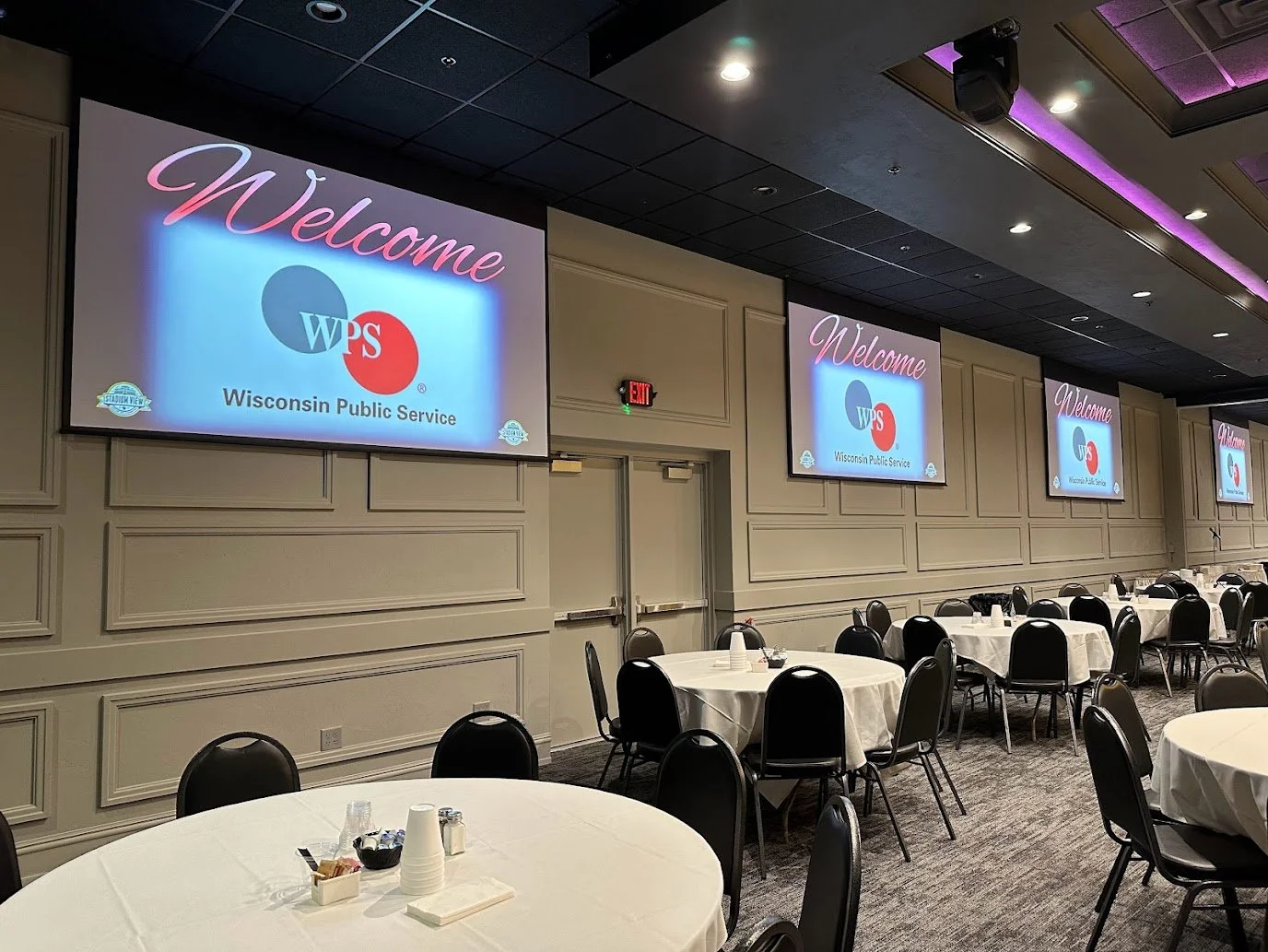 Banquet-style corporate event setup for conferences and business meetings at Stadium View Event Halls.