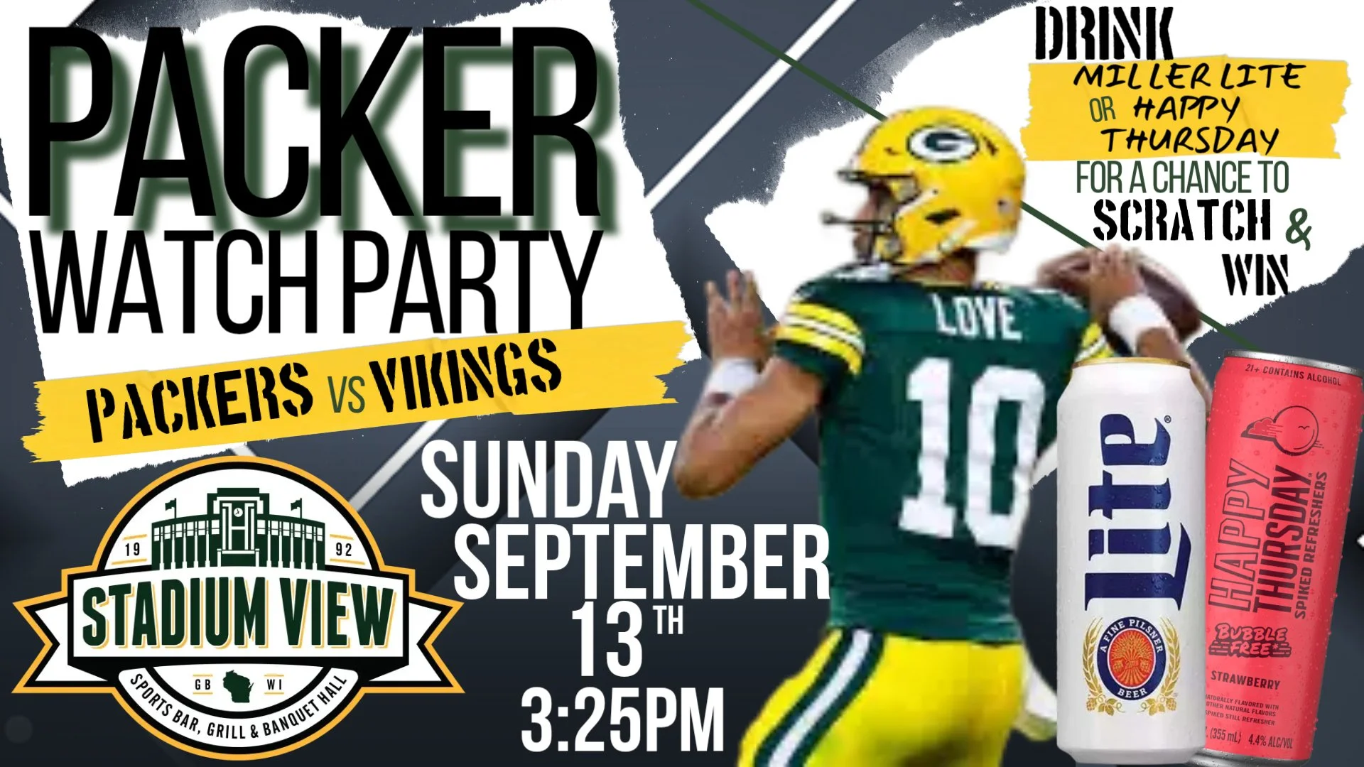 packer watch party stadium view bar spetember 13th