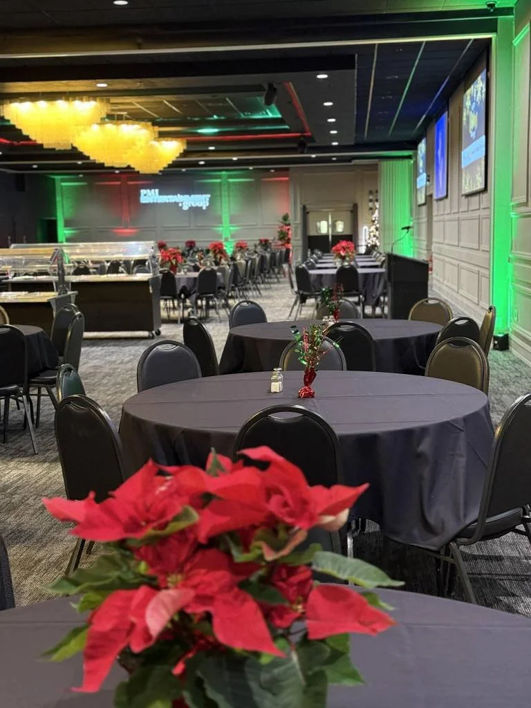 Gold accents and chandeliers creating a festive holiday atmosphere