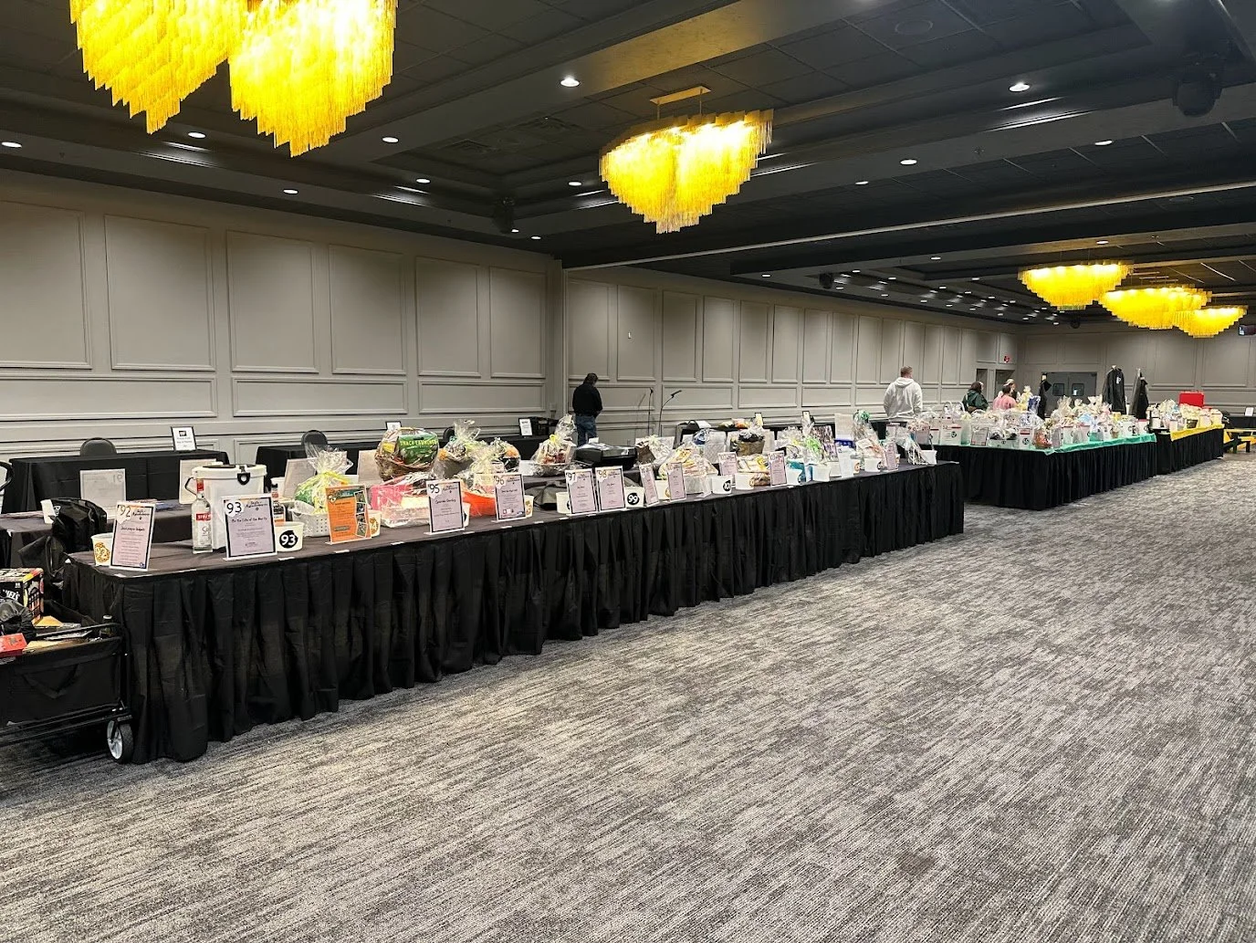 Raffle basket display at a fundraiser hosted at Stadium View Event Halls in Green Bay.