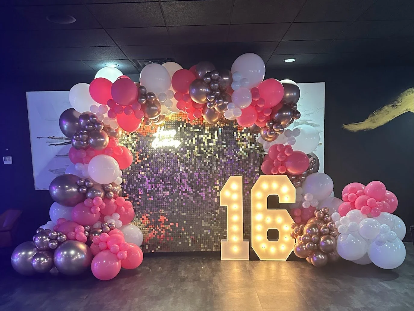 Decorated event hall prepared for a birthday party celebration in Green Bay.