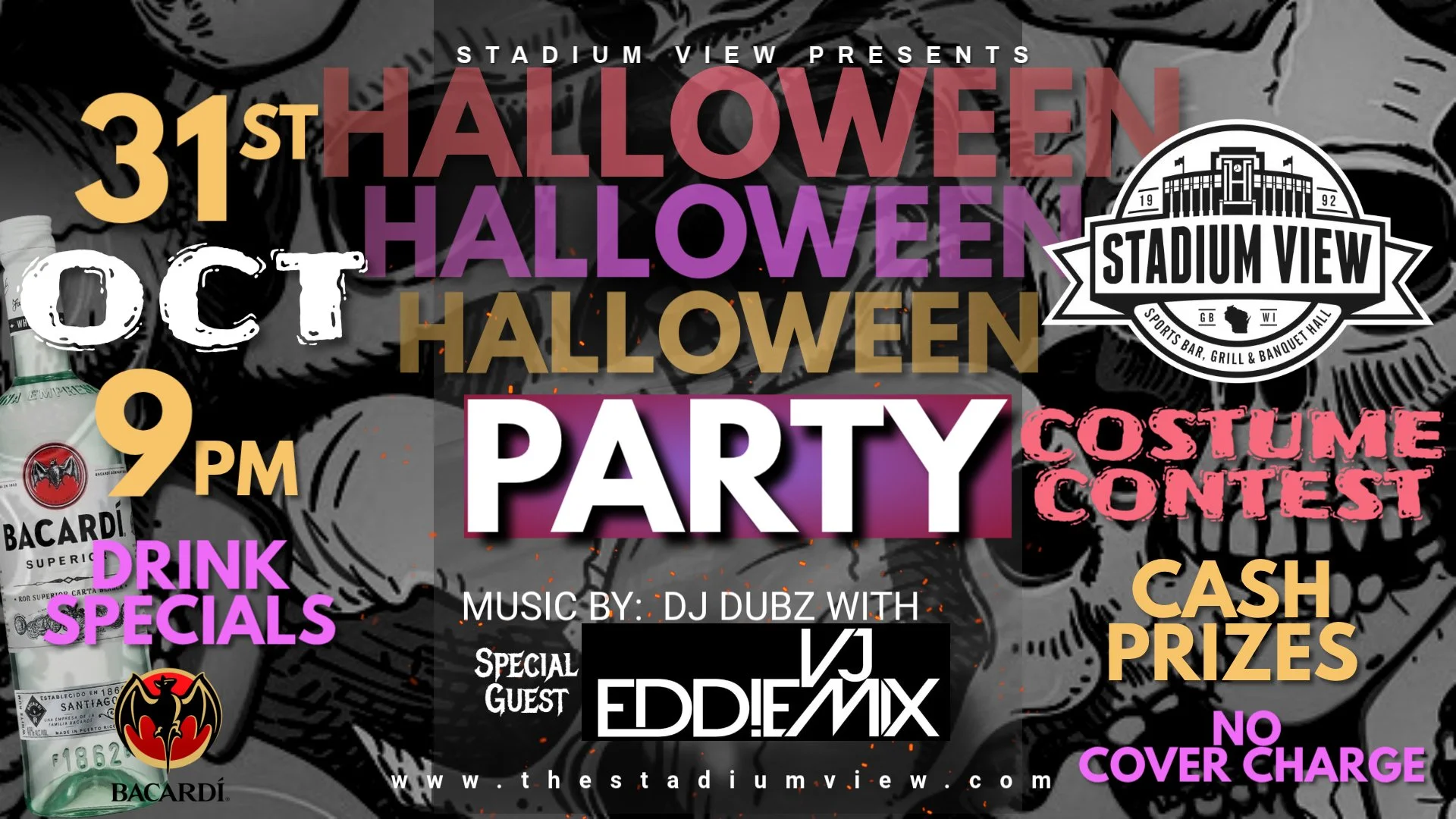 stadium view in green bay is hosting a halloween and costume party on october 31st 2026 with a DJ and cash prizes plus bacardi specials