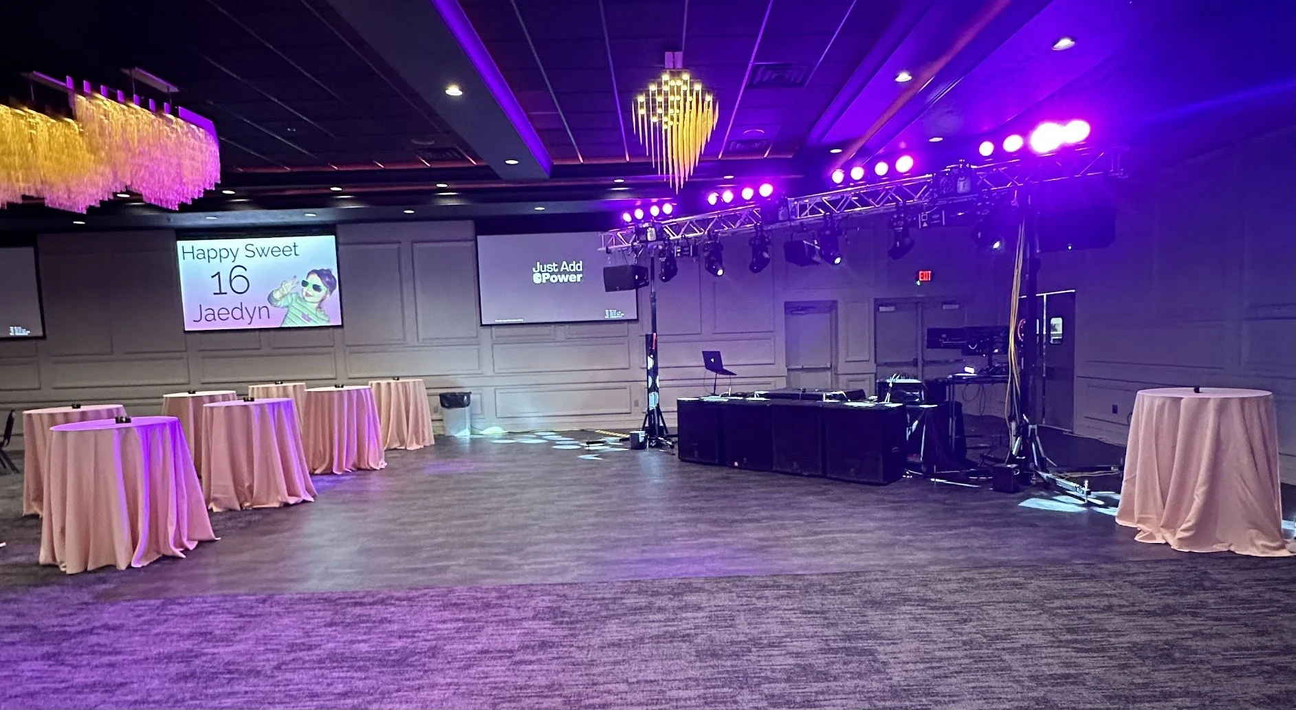 Evening birthday party event setup at Stadium View Event Halls.