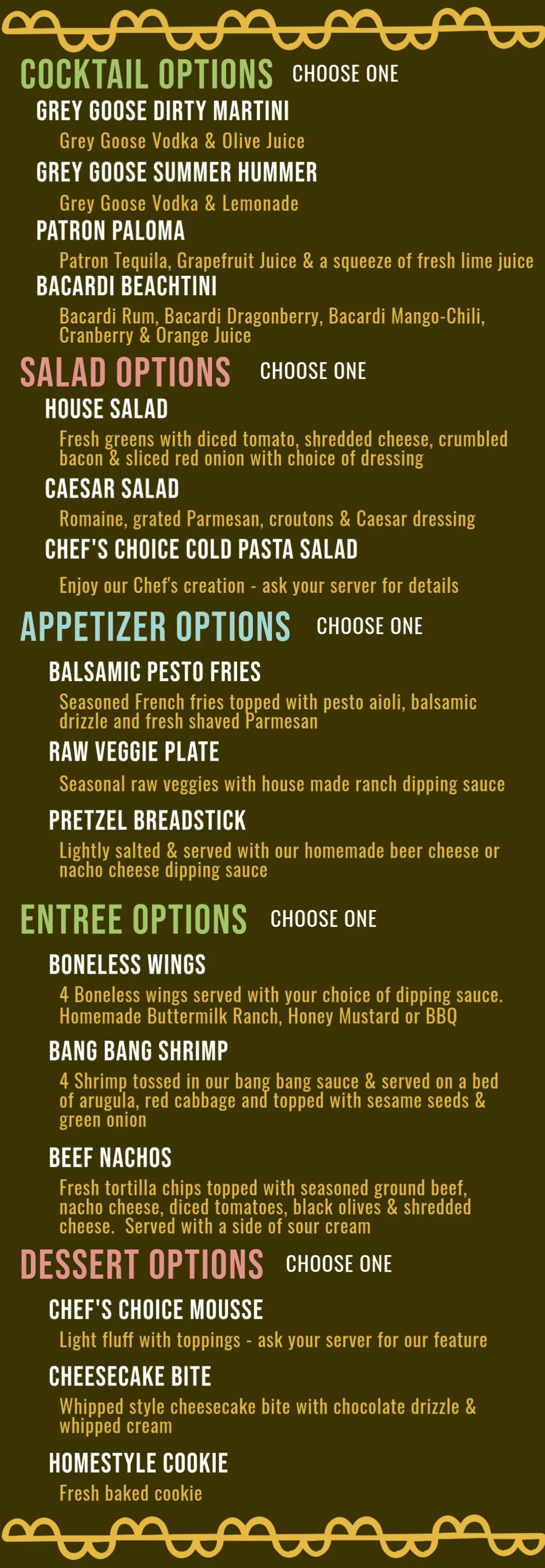 stadium view girl dinner menu