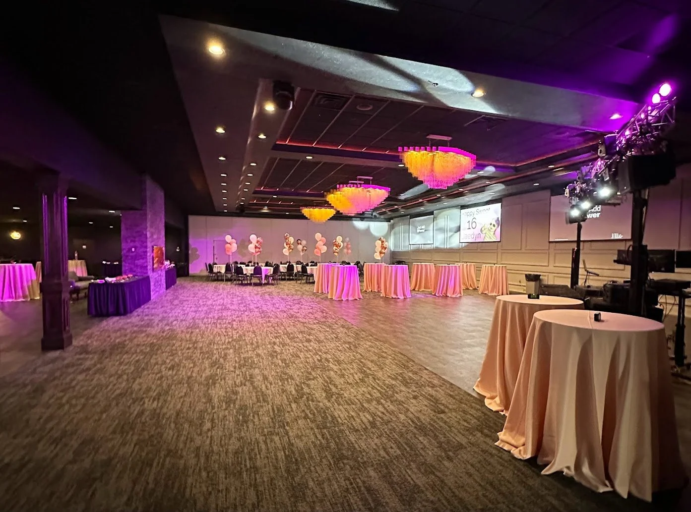 Birthday party setup at Stadium View Event Halls in Green Bay with banquet tables and guest seating.