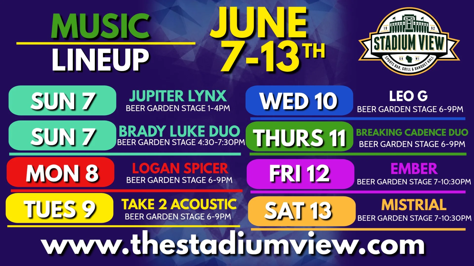 live music in green bay june 7th-13th at stadium view