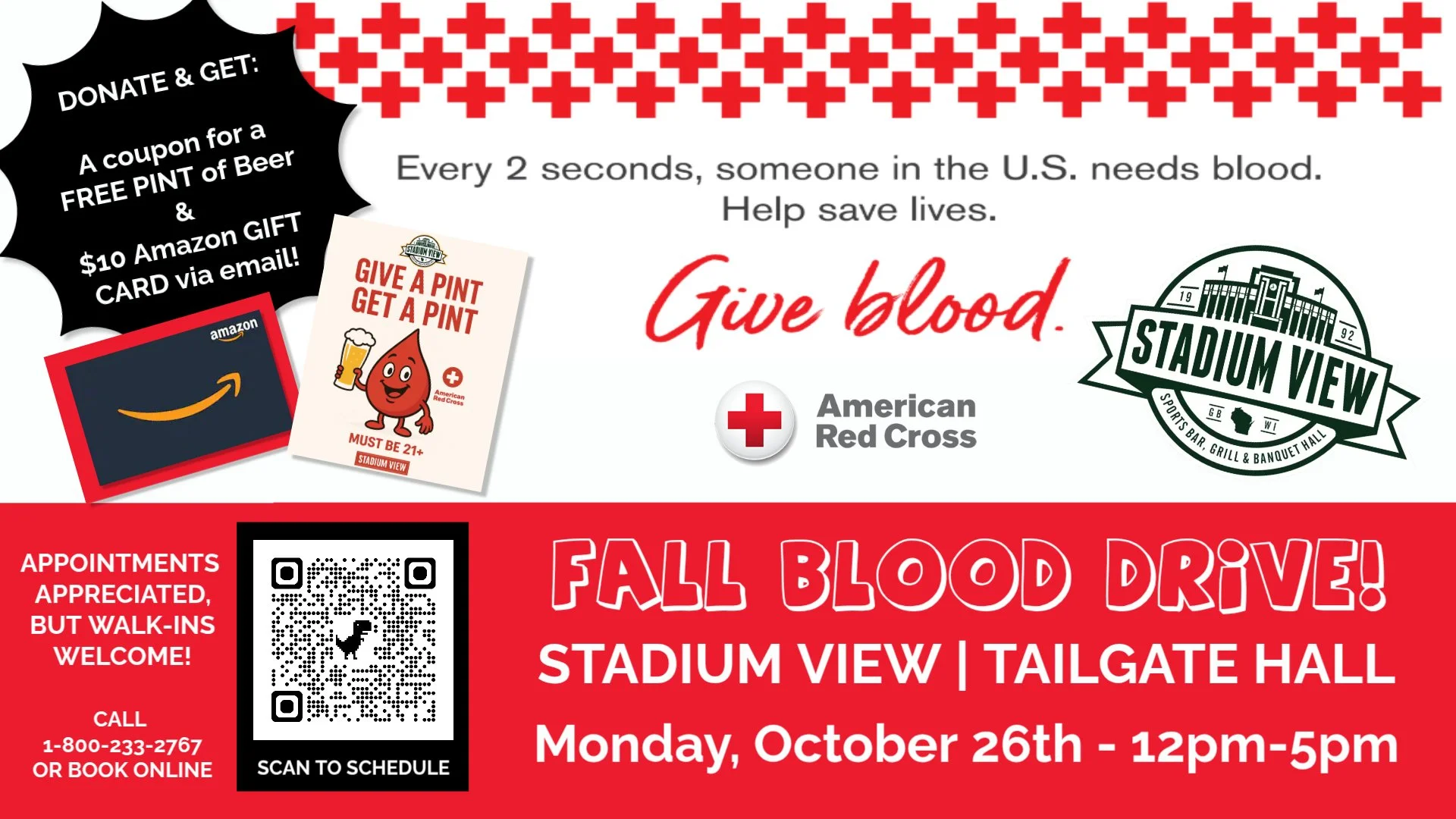blood drive green bay wi at stadium view bar on october 26th 2026