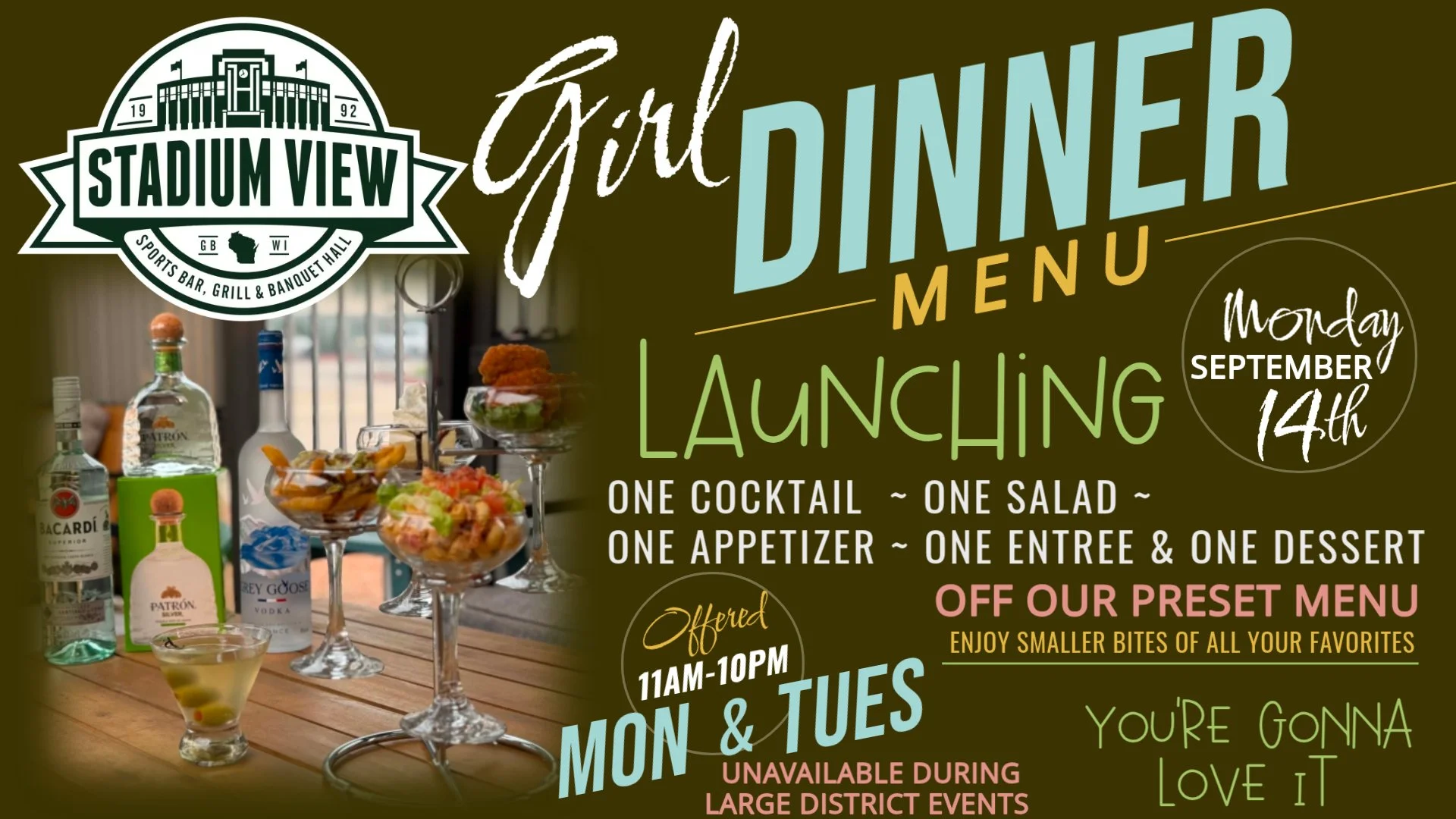 girl dinner at stadium view starting monday september 14th