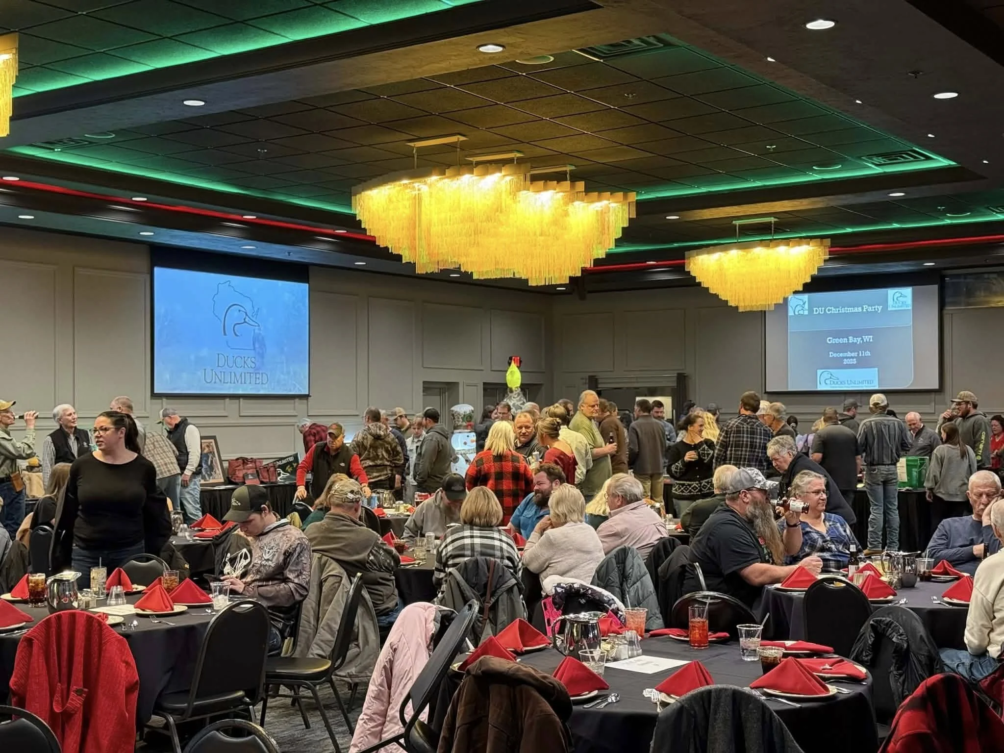 Elegant banquet room decorated for a holiday celebration