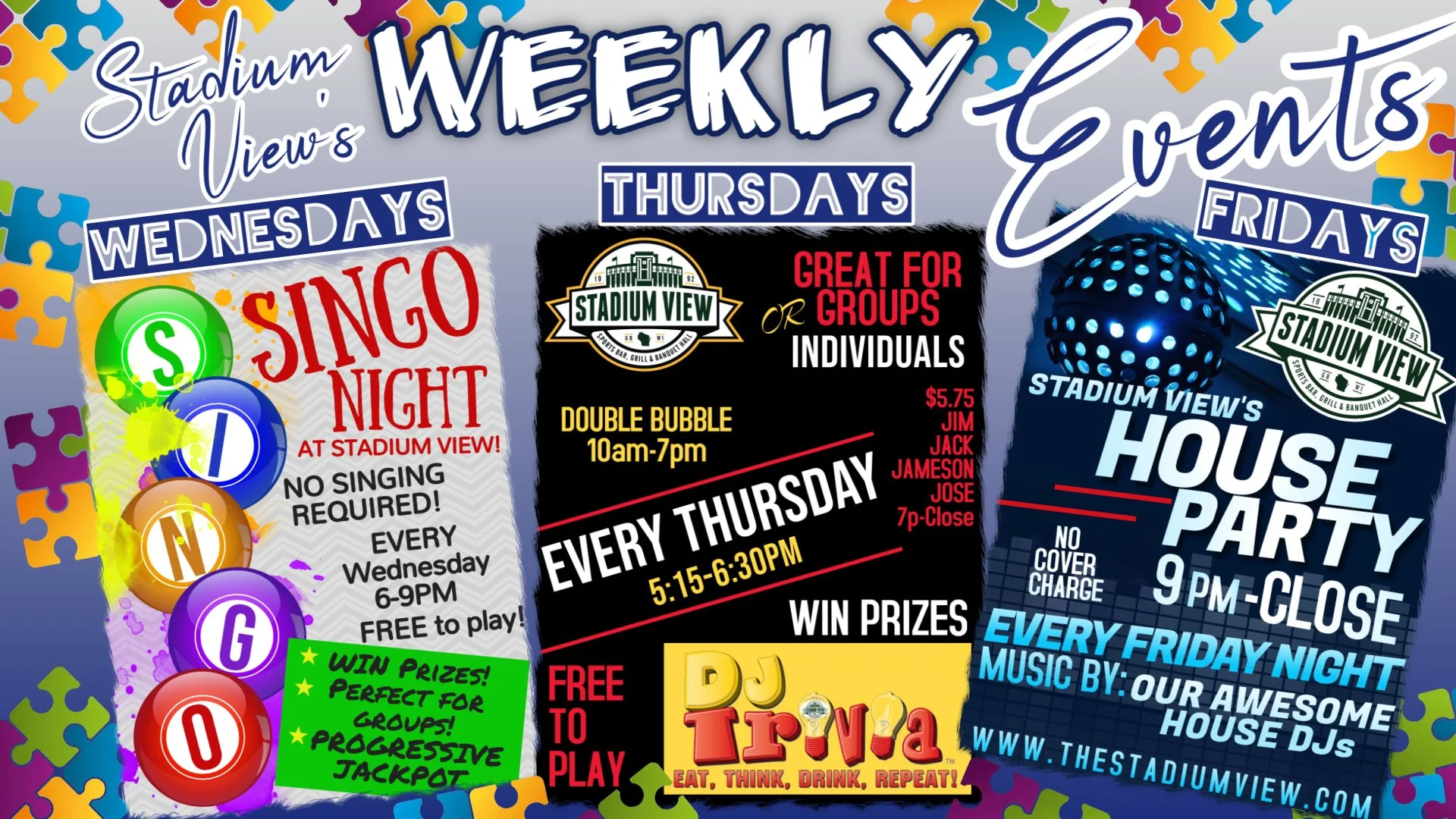 free weekly events in green bay singo dj trivia and djs on weekends at stadium view