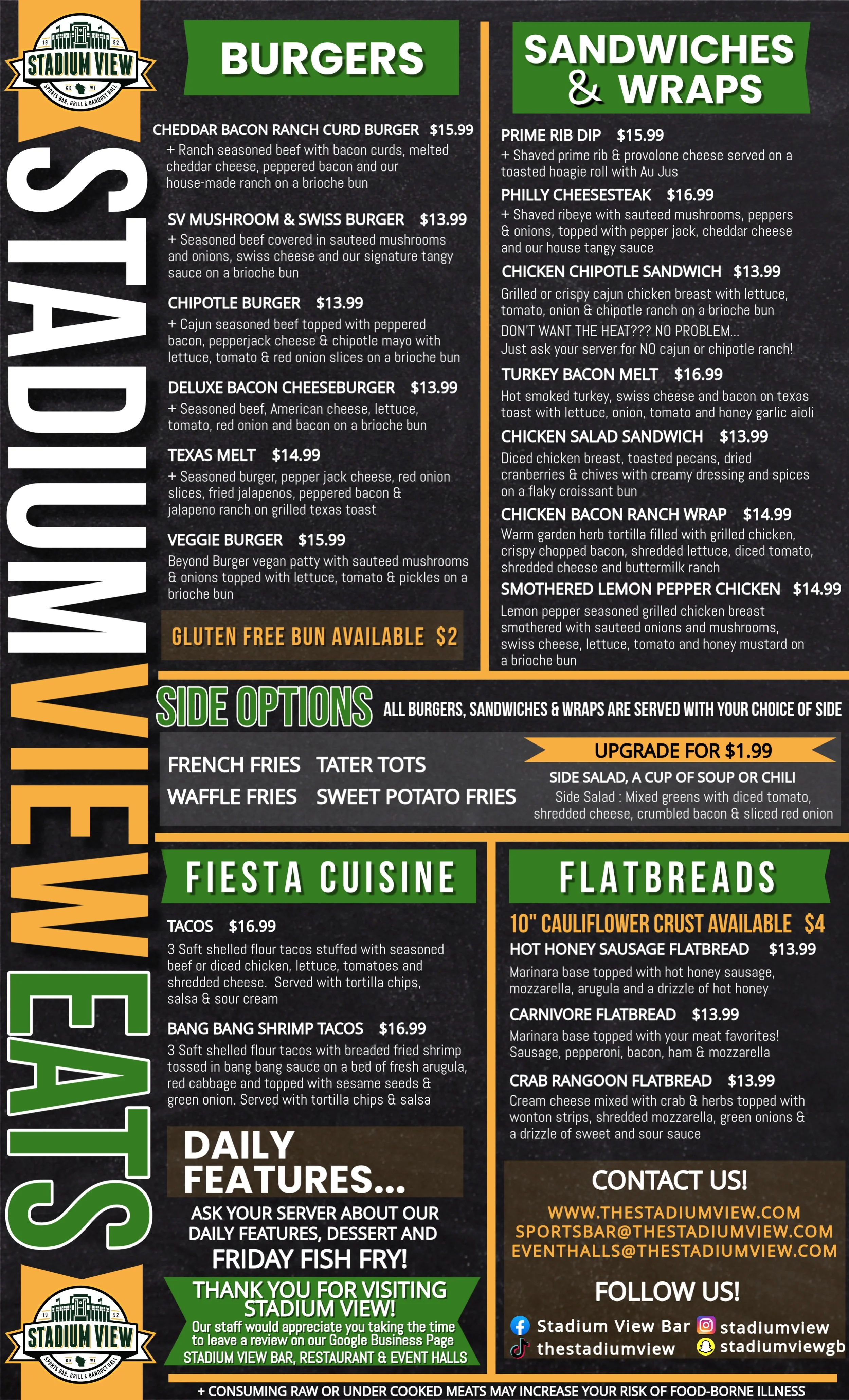 SAVEABLE COPY OF SB MENU — Stadium View Sports Bar & Event Halls