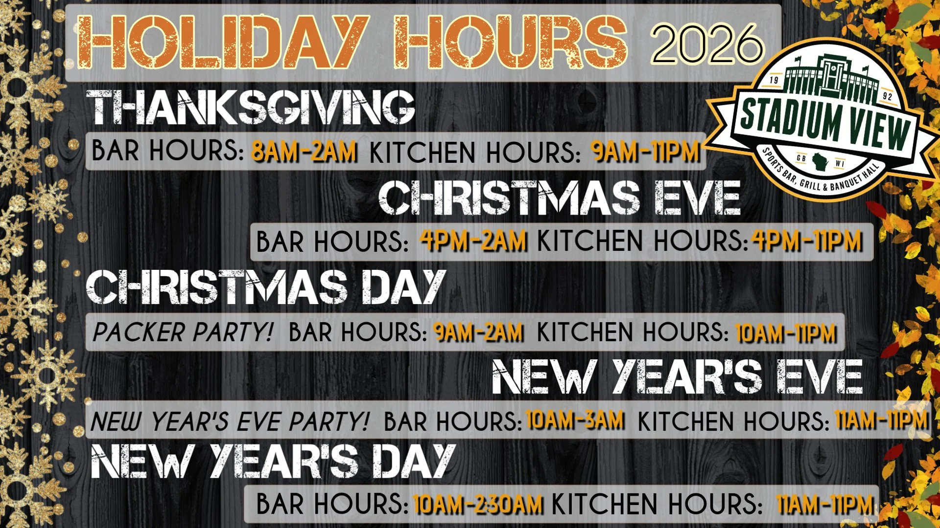 stadium view's holiday hours 2026