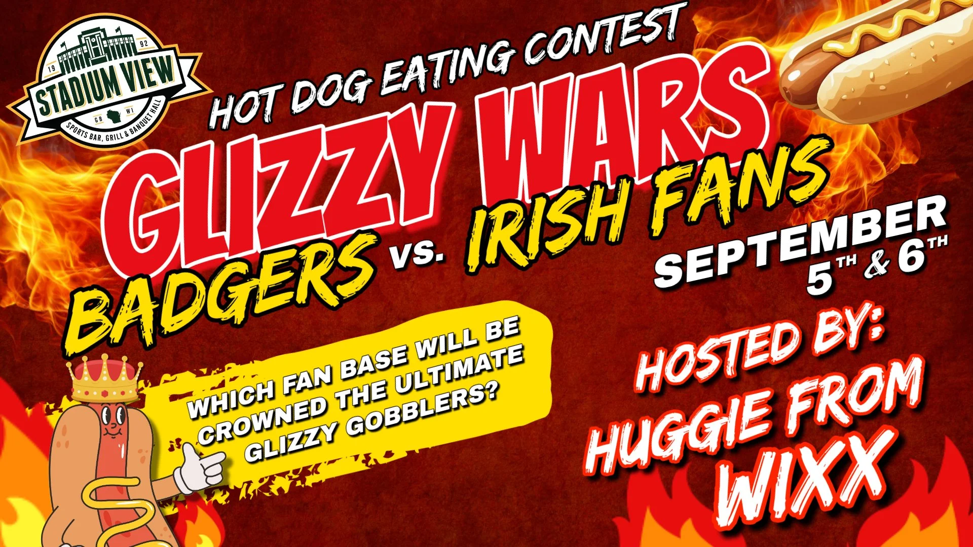 hot dog eating contest at stadium view glizzy wars hosted by huggie from WIXX september 5th and 6th