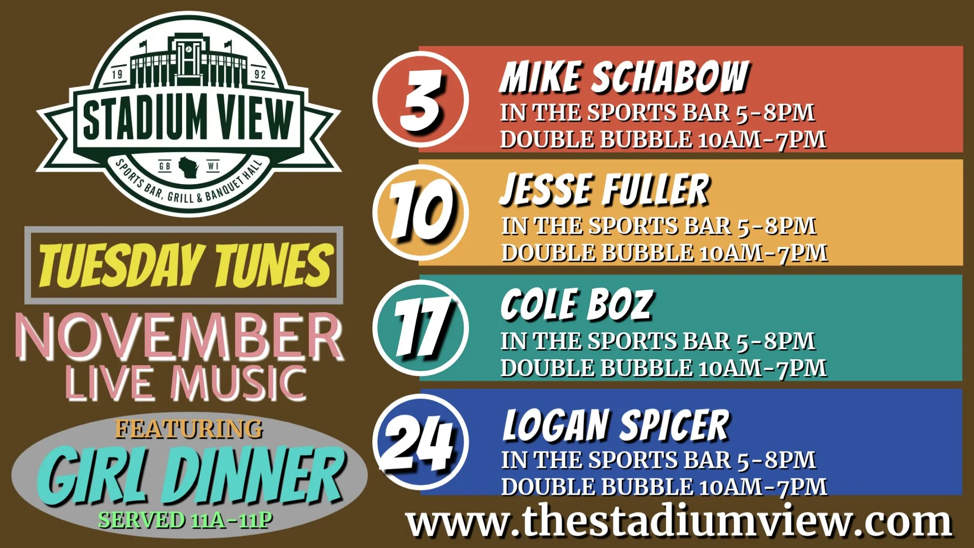 tuesday tunes at stadium view! live music every tuesday night
