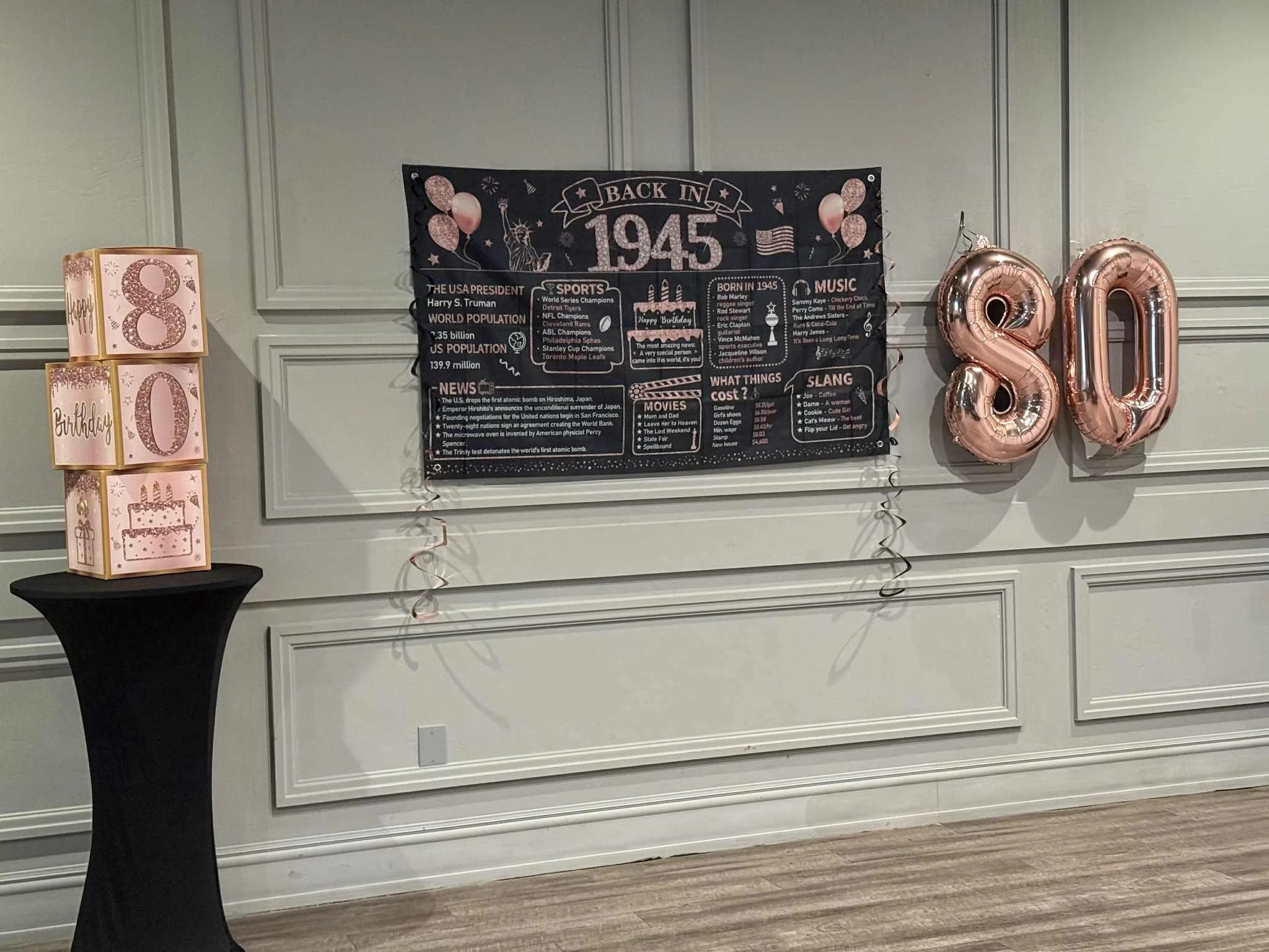 Decorated event hall prepared for a birthday party celebration in Green Bay.