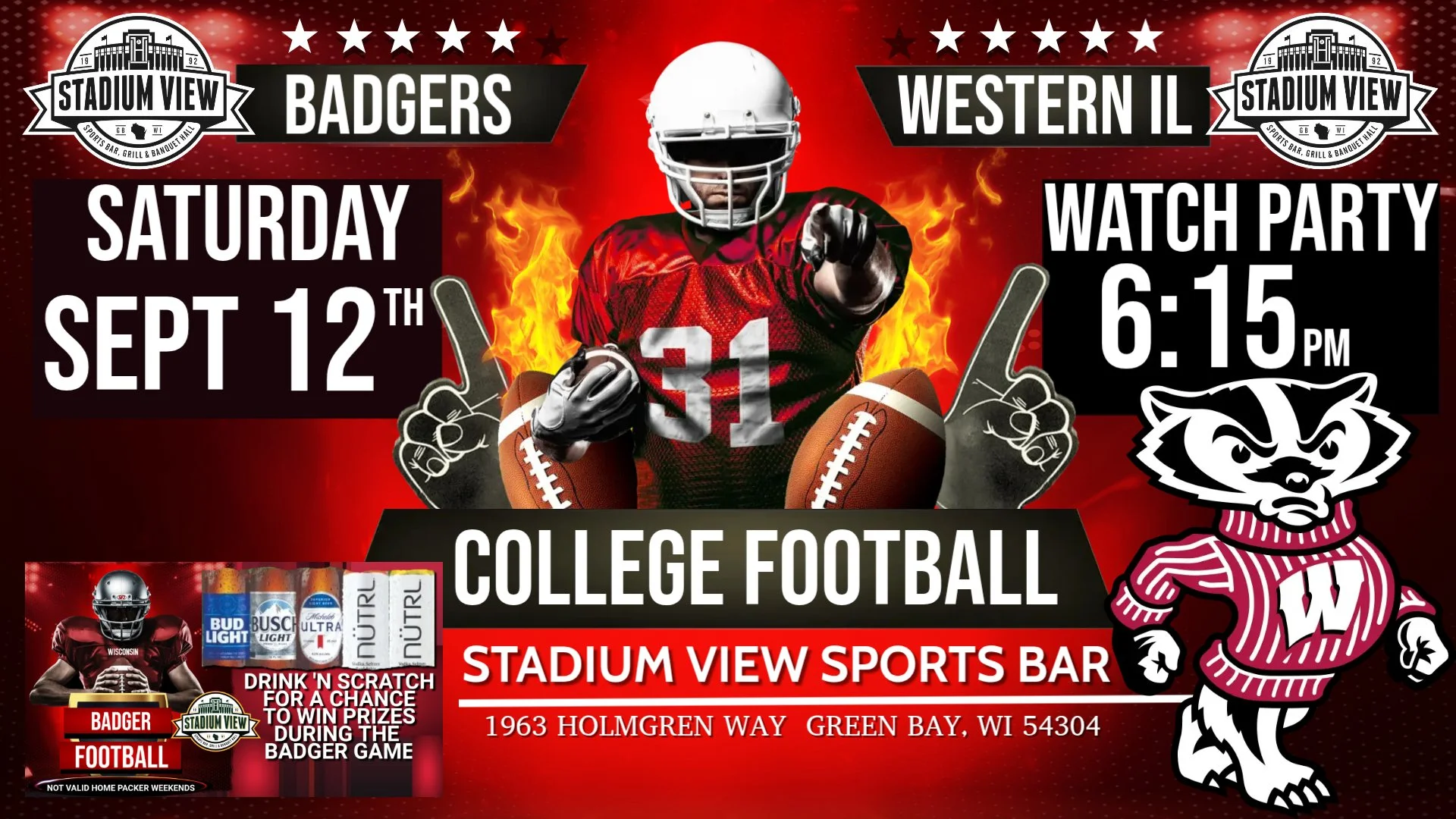 badger watch party at stadium view saturday september 12th win prizes!