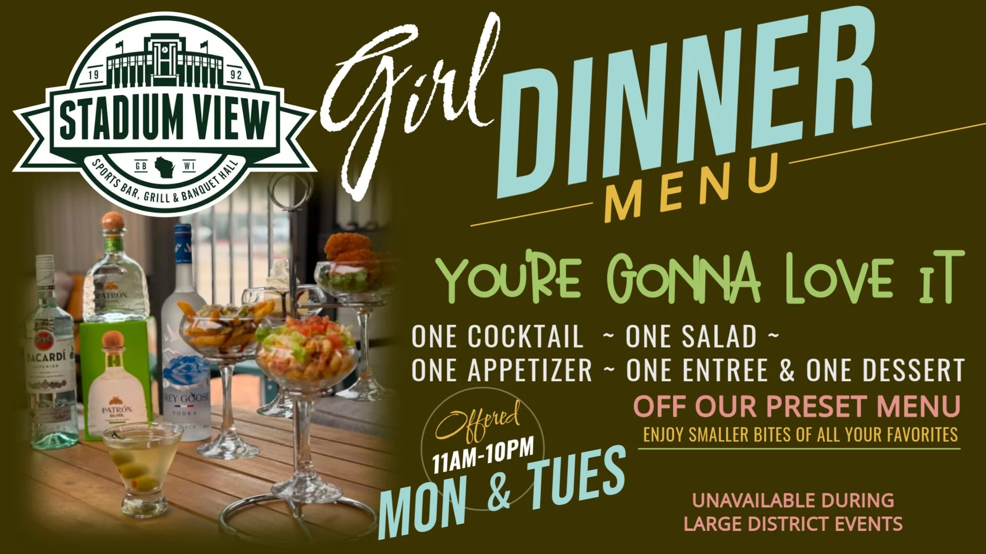 girl dinner at stadium view every monday and tuesday
