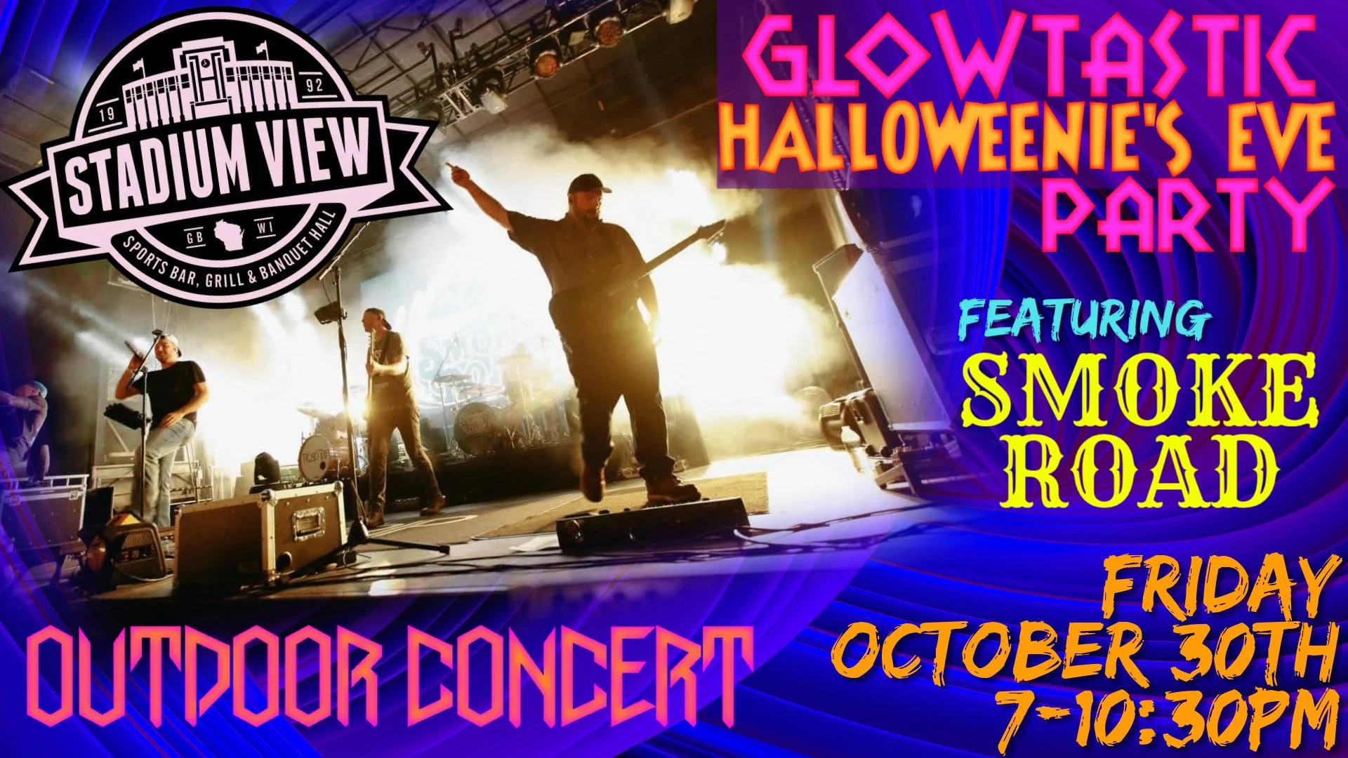 smoke road glowtastic halloween party at stadium view on friday october 30th 2026