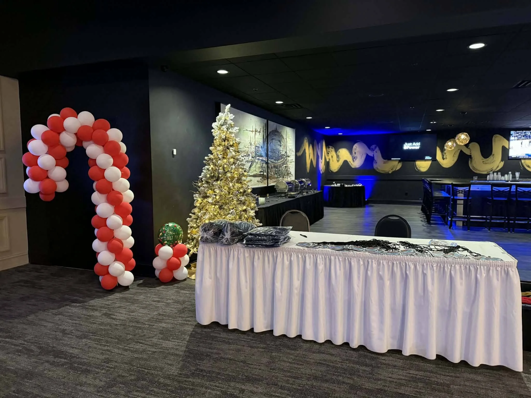 Festive holiday décor transforming Stadium View Event Halls for a seasonal celebration