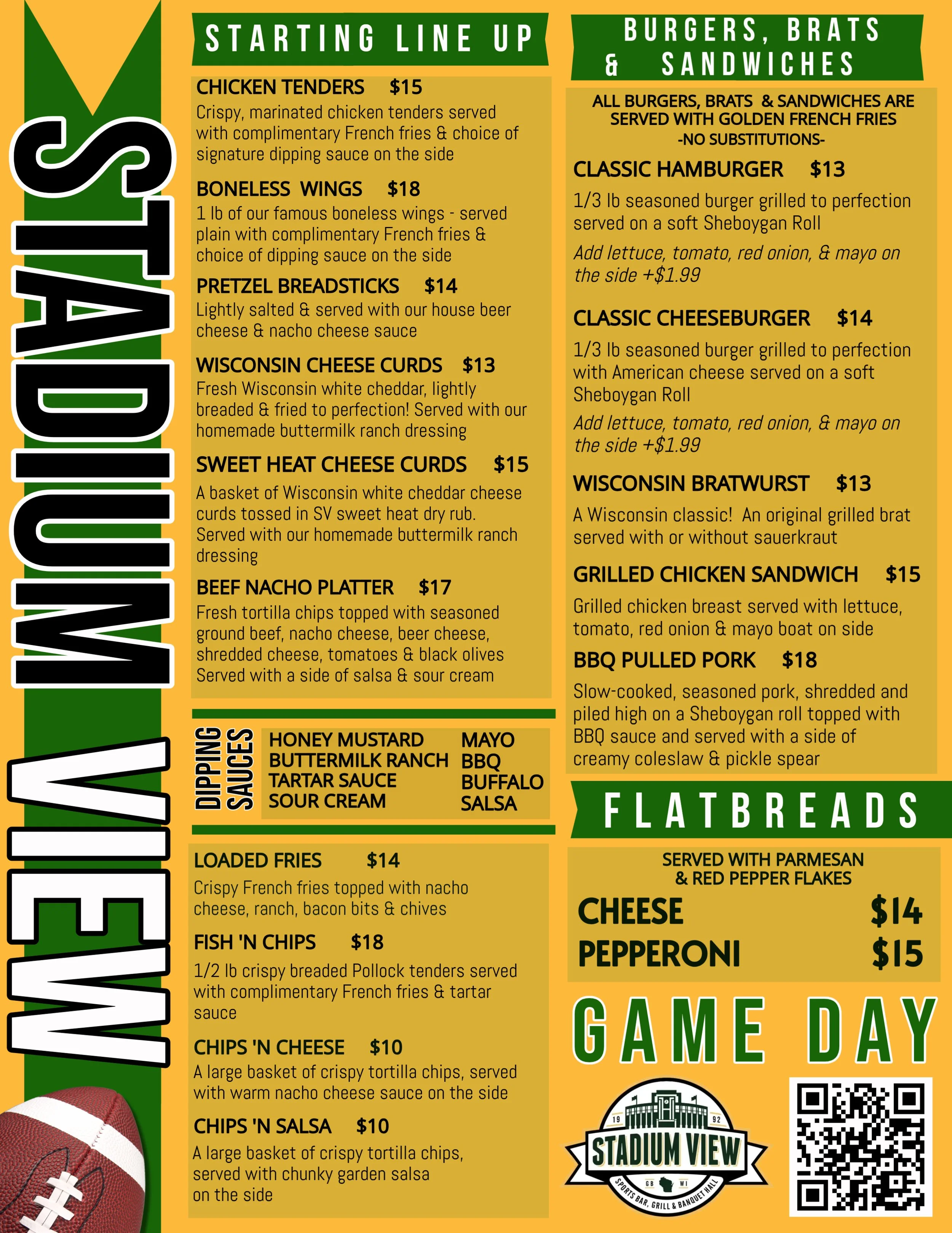 game day menu stadium view bar