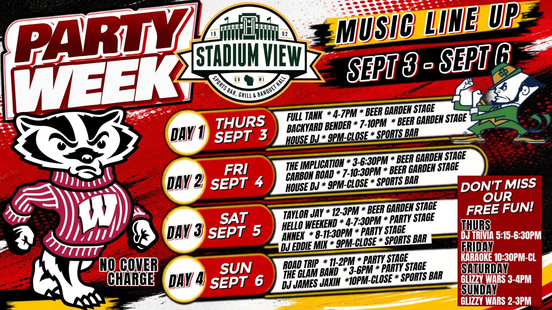 badger notre dame college football at lambeau field free live music at stadium view just one block away