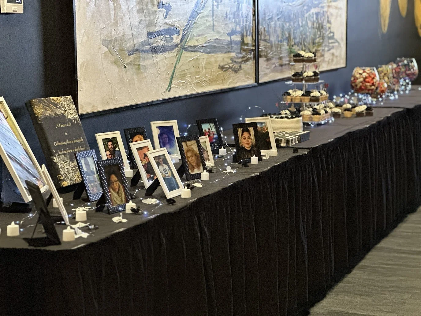 Evening anniversary party setup highlighting guest seating and room décor at Stadium View Event Halls.