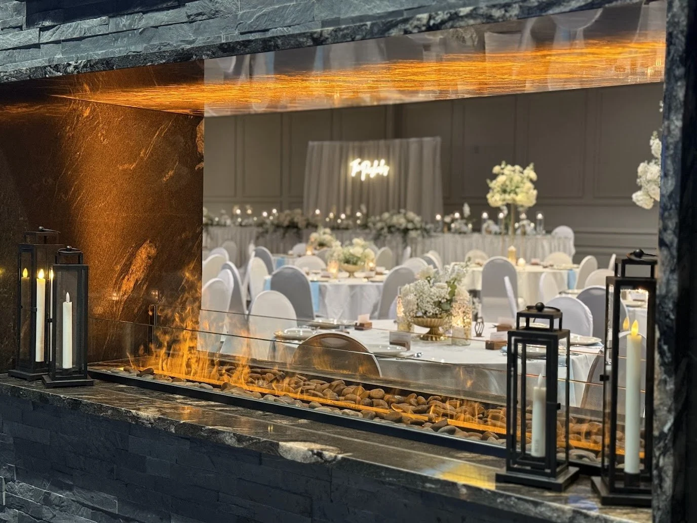 Fireplace accent at Stadium View Event Halls in Green Bay