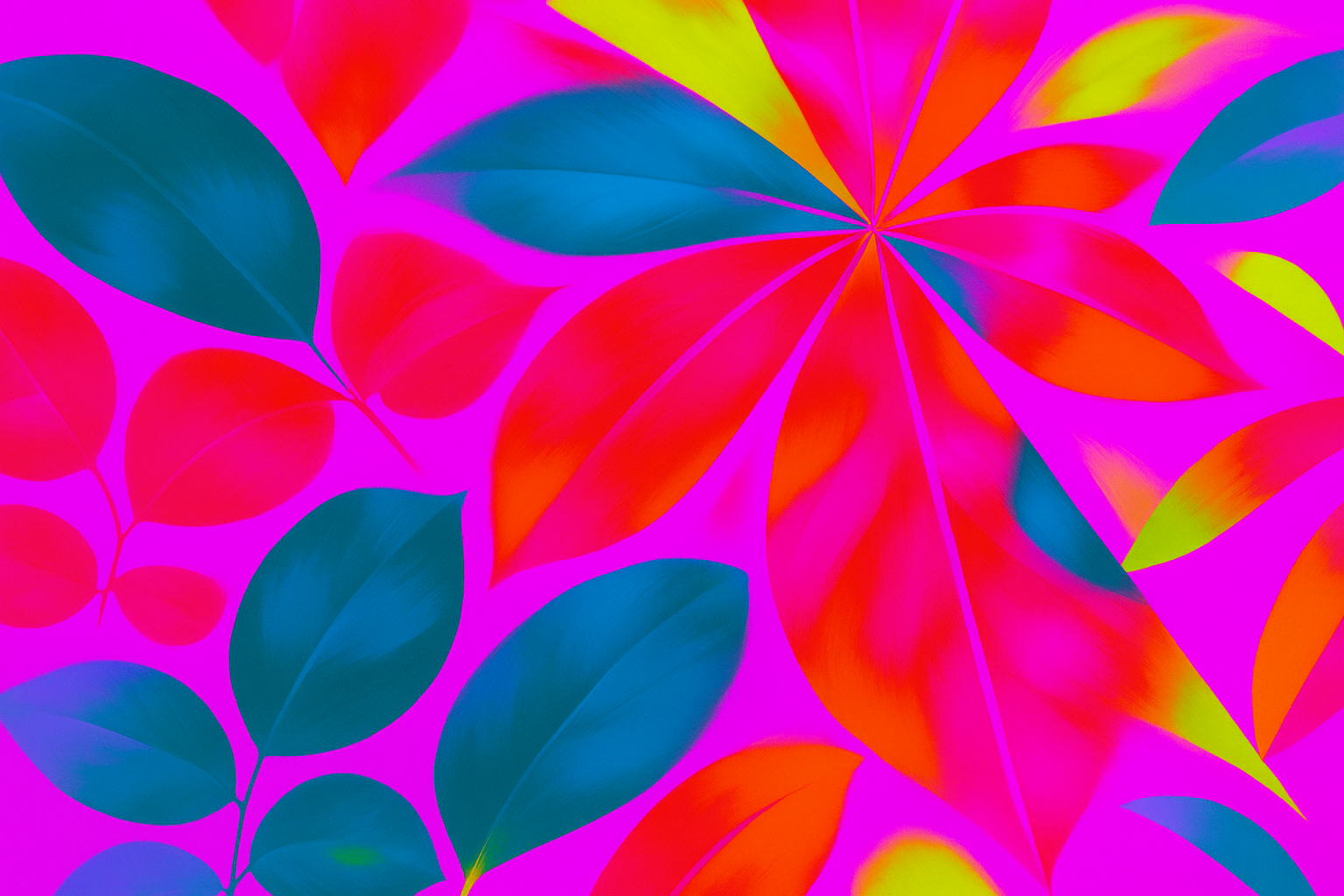 Colorful leaves with bright pink background, featuring large red, orange, green, and blue leaves in an abstract pattern