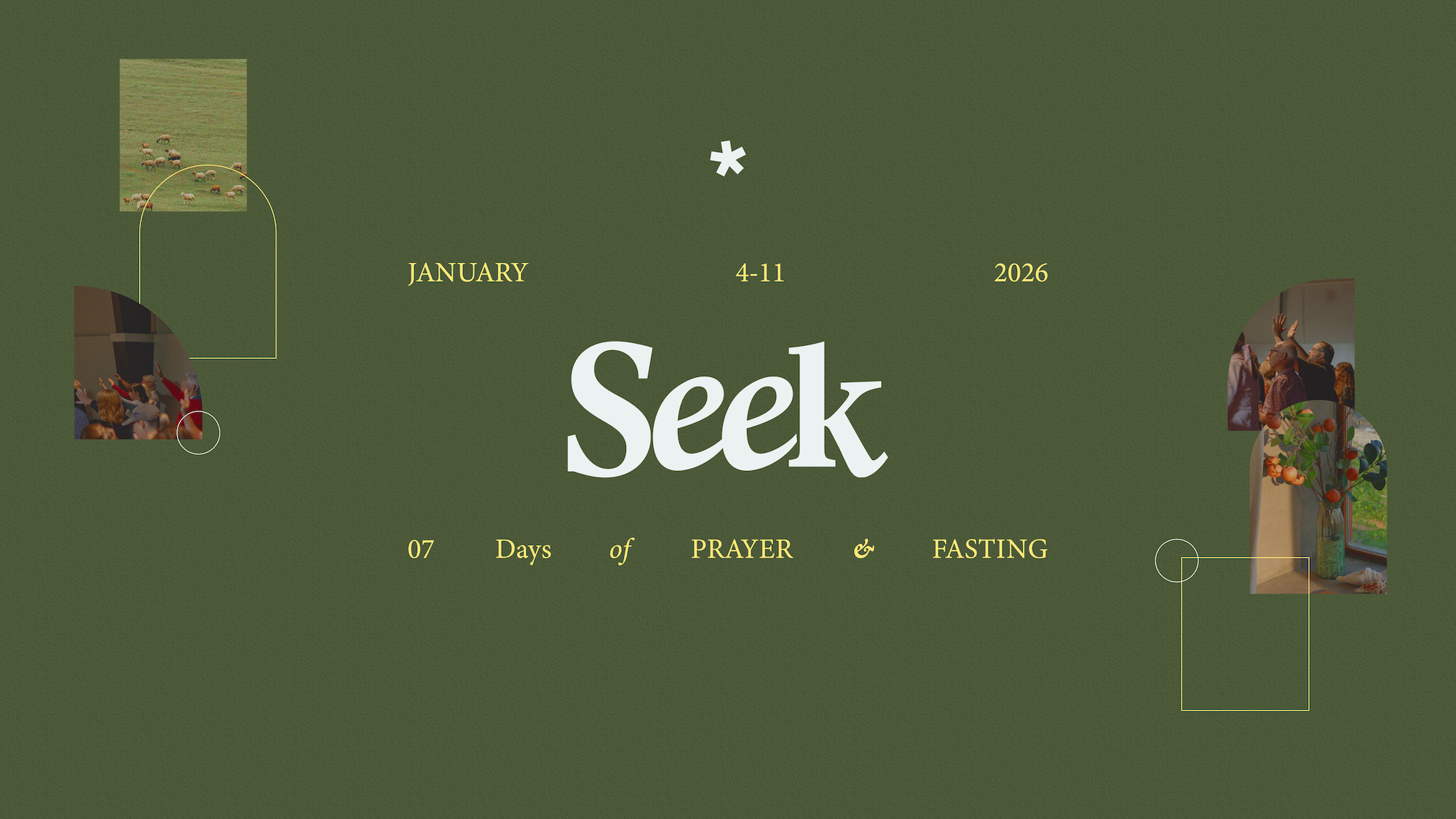 Green background with images representing a season of intentionally seeking God