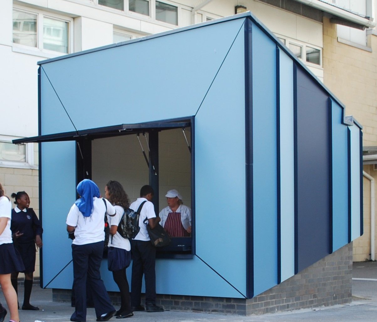 IMAGINATION. Using materials from the refurbishment works to create joyful interventions in the playgrounds.
Brampton Manor Academy Tuck Shops. Design and Project Architect from inception to completion at Edward Cullinan Architects.