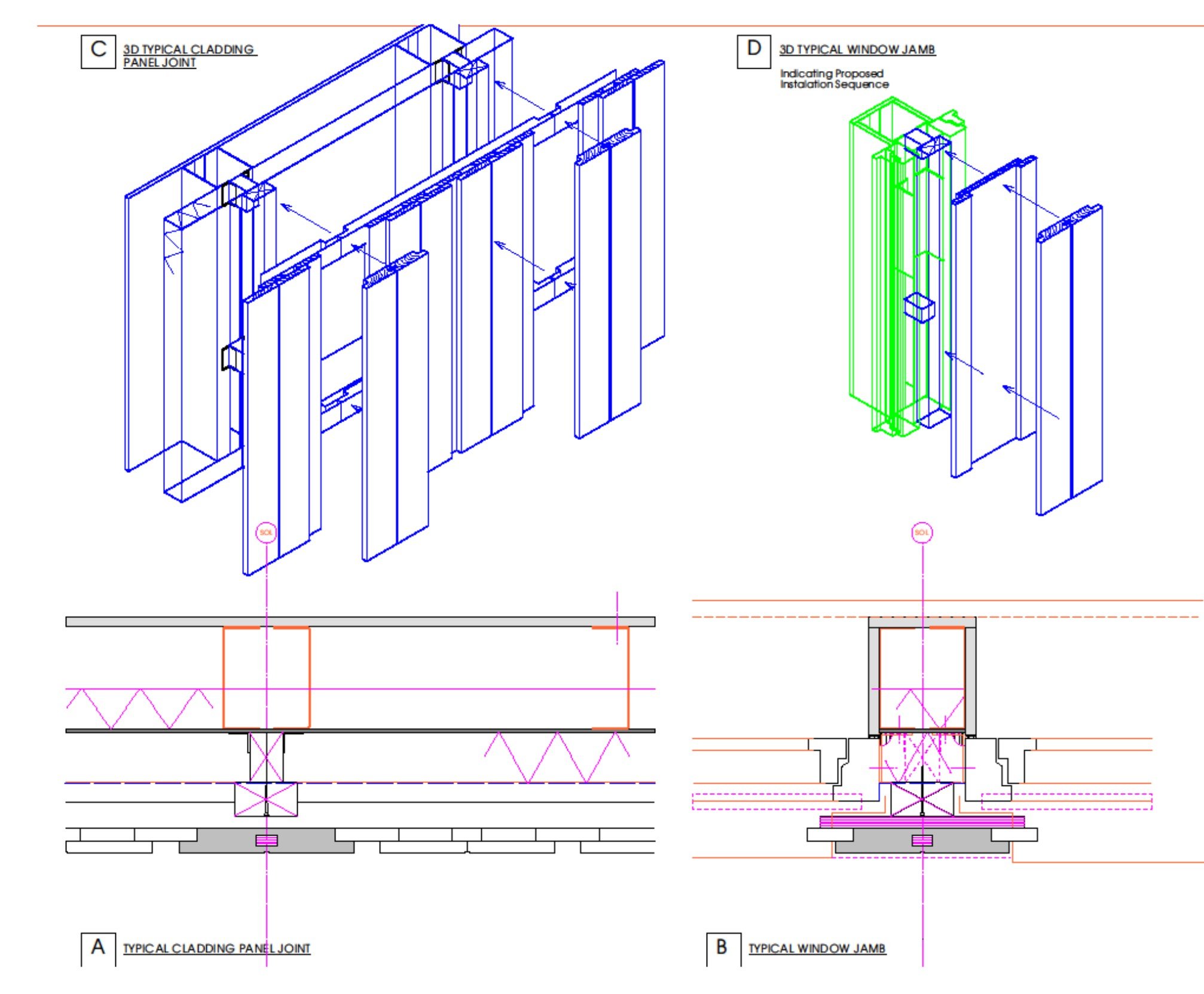TIMBER CLADDING Detailed design and specification. Early 3d sketch detail of English larch panels, and cover boards with hardwood tongues. Detailed design.
Greenwich Millennium School and Health Centre. Architect with Edward Cullinan Architects.