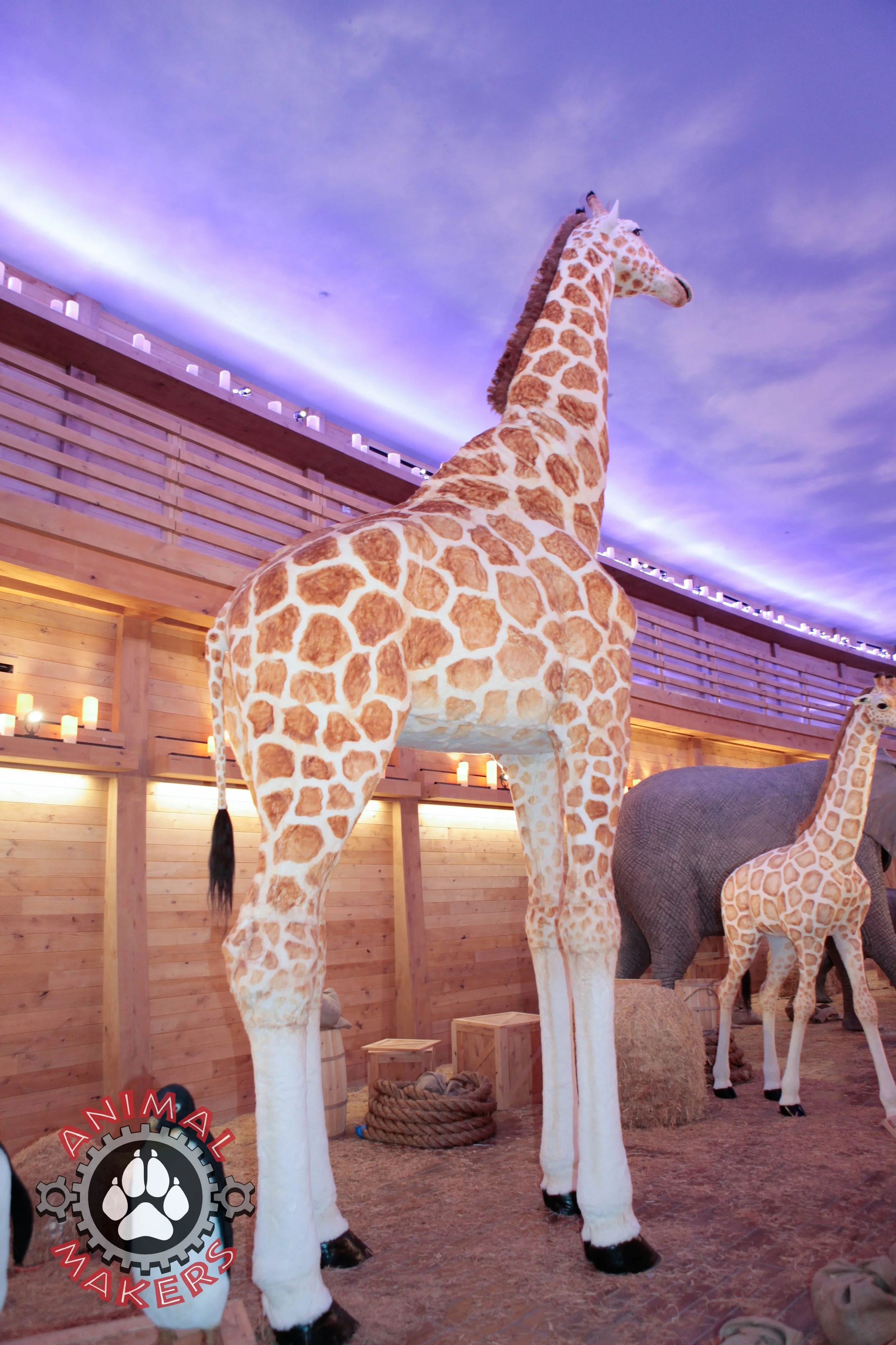 LARGE SCALE ANIMATRONIC GIRAFFE DISPLAY FOR NOAHS ARK CHURCH DISPLAY FOR JOHN HAGEY MINISTRIES
