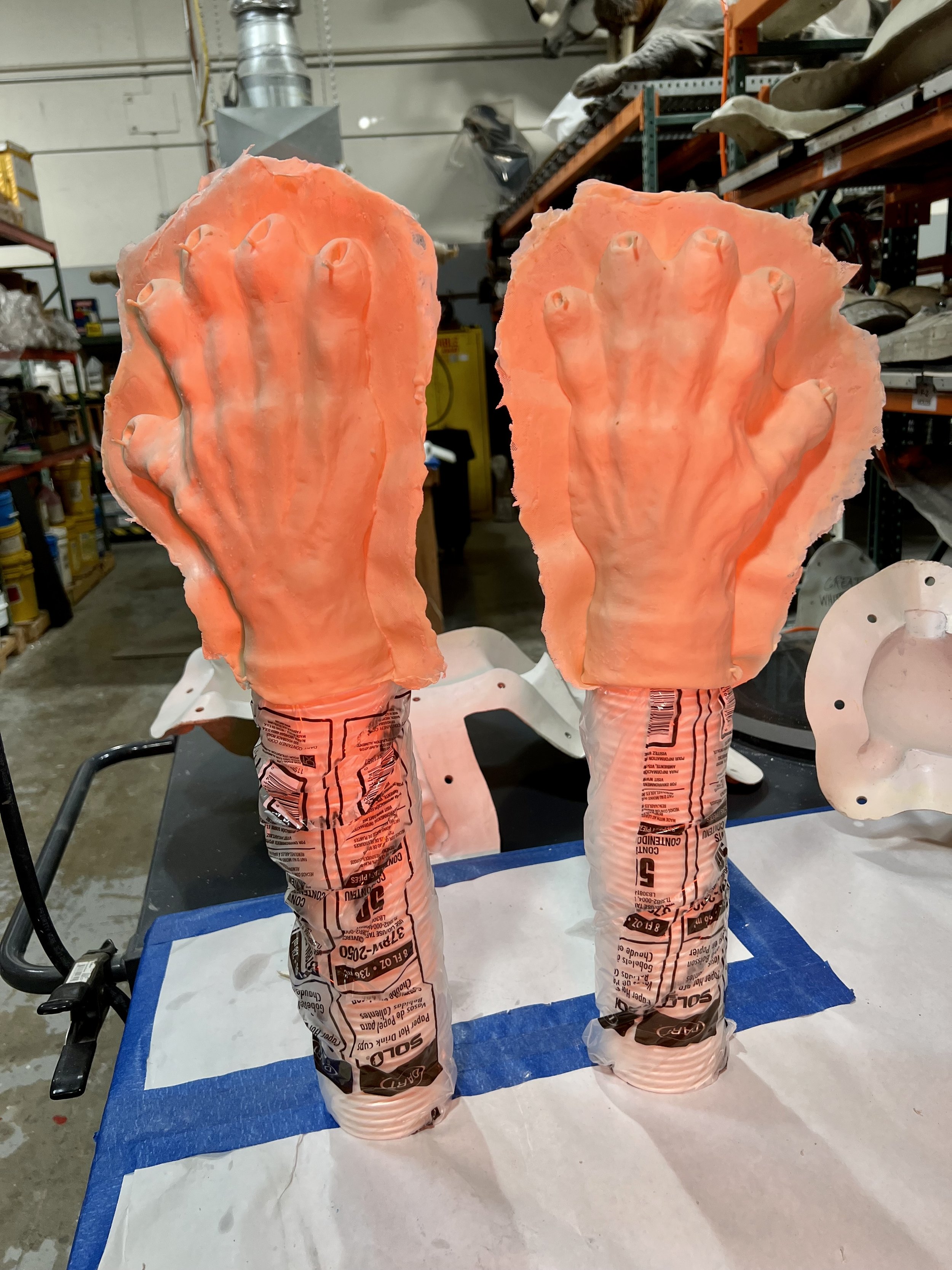 Seven layers of latex have been applied creating gloves for the costumes.