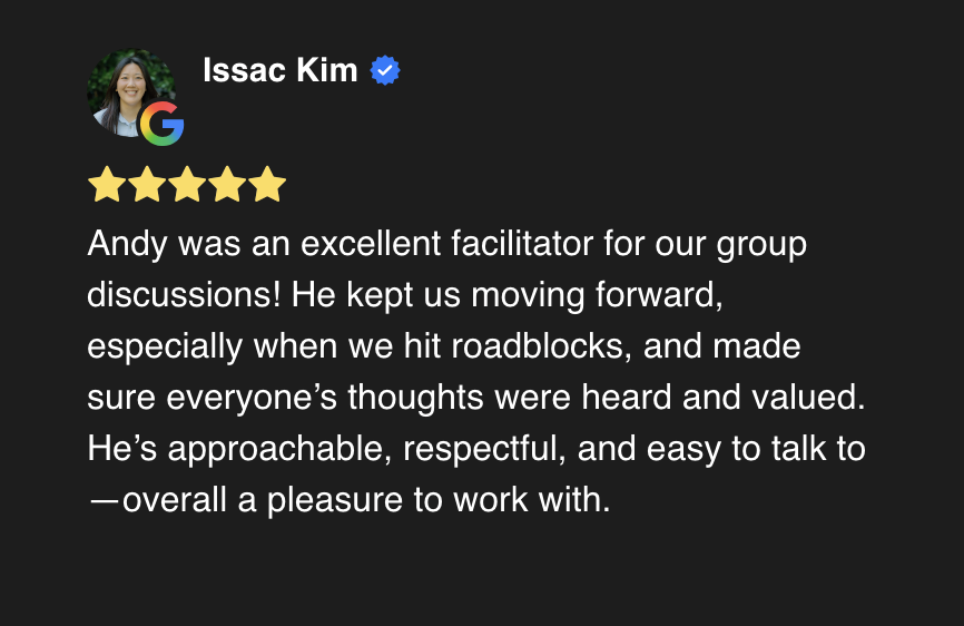 Customer review for Issac Kim with a 5-star rating, praising his facilitation skills, approachability, respectfulness, and two-sentence positive feedback about his helpfulness during group discussions.