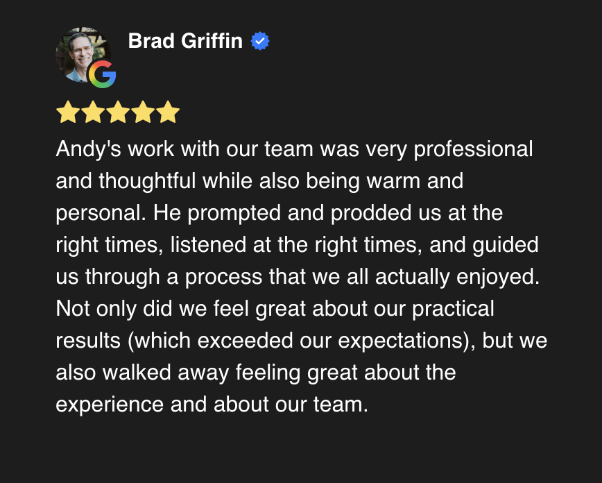 Online review from Brad Griffin praising Andy for his professional, thoughtful, and personalized work with a five-star rating.